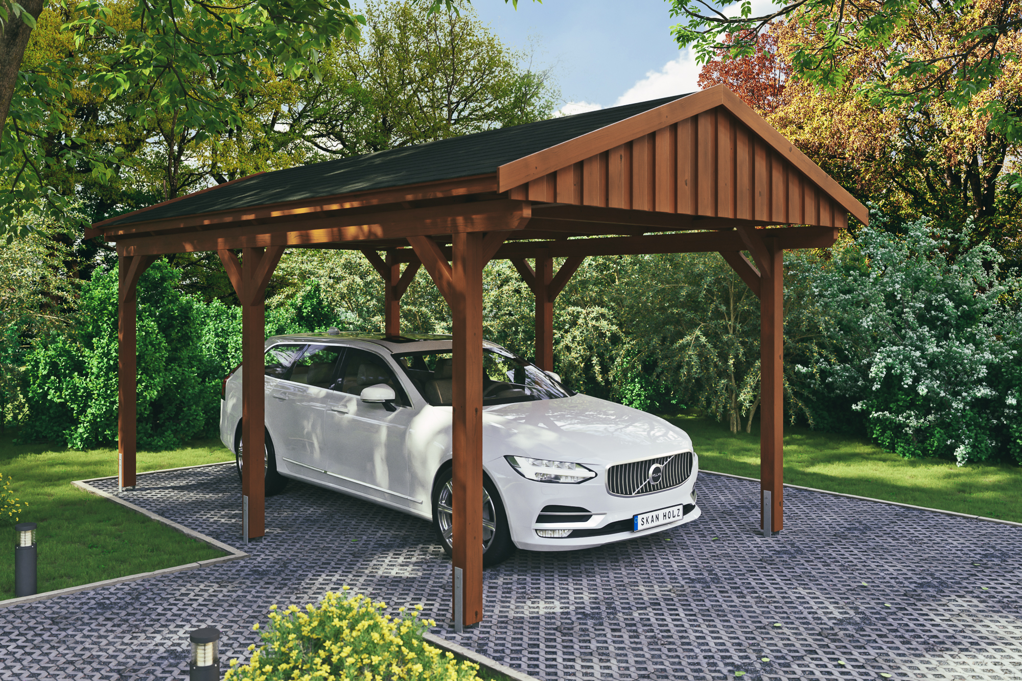 Ambientebild: Carport Fichtelberg 317 x 566 cm, farblich behandelt in nussbaum, mit schwarzen Dachschindeln