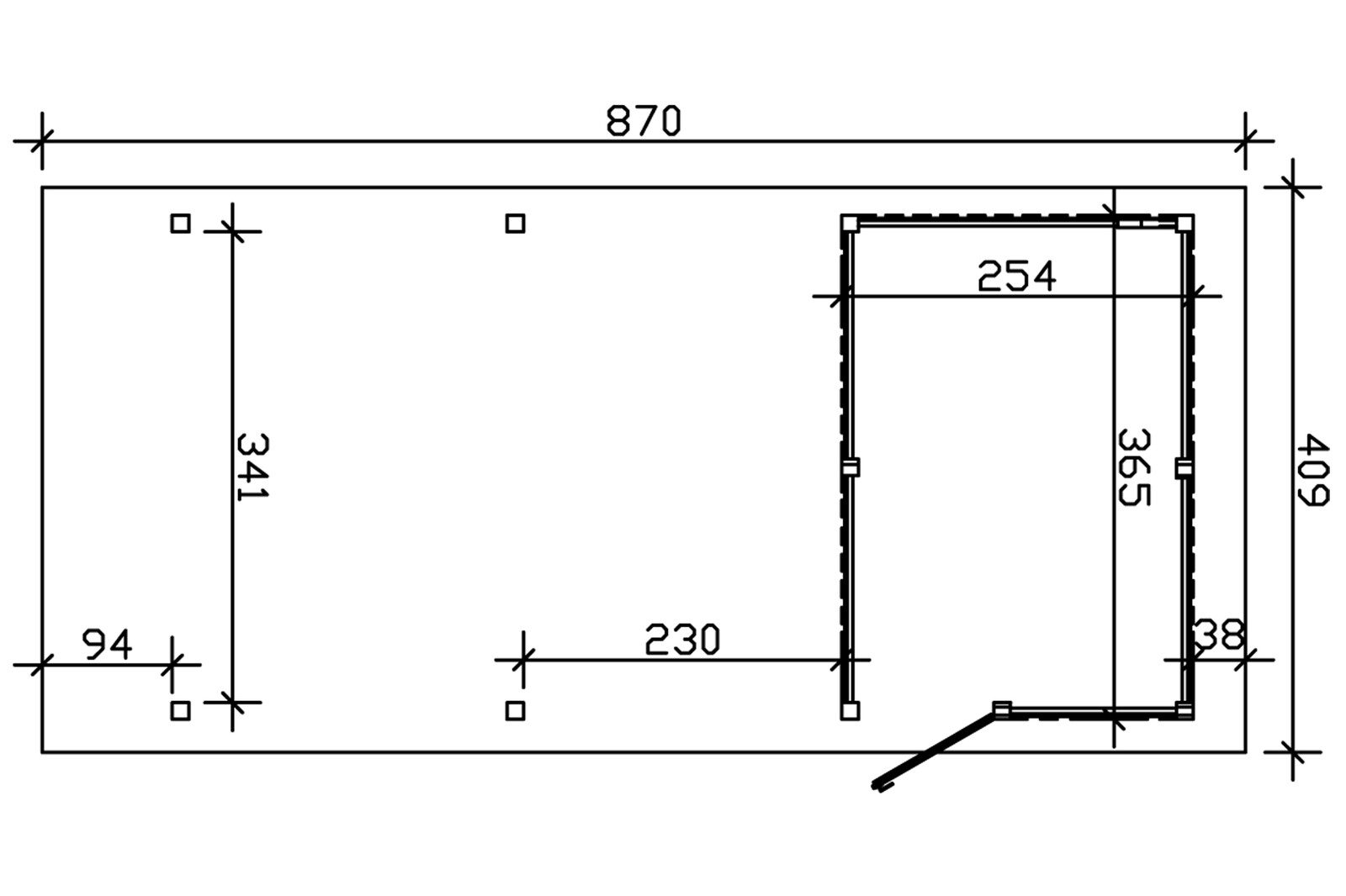 Carport WENDLAND 409x870cm avec remise, toit en aluminium, bandeau rouge, bois lamellé-collé, traitement coloré noyer