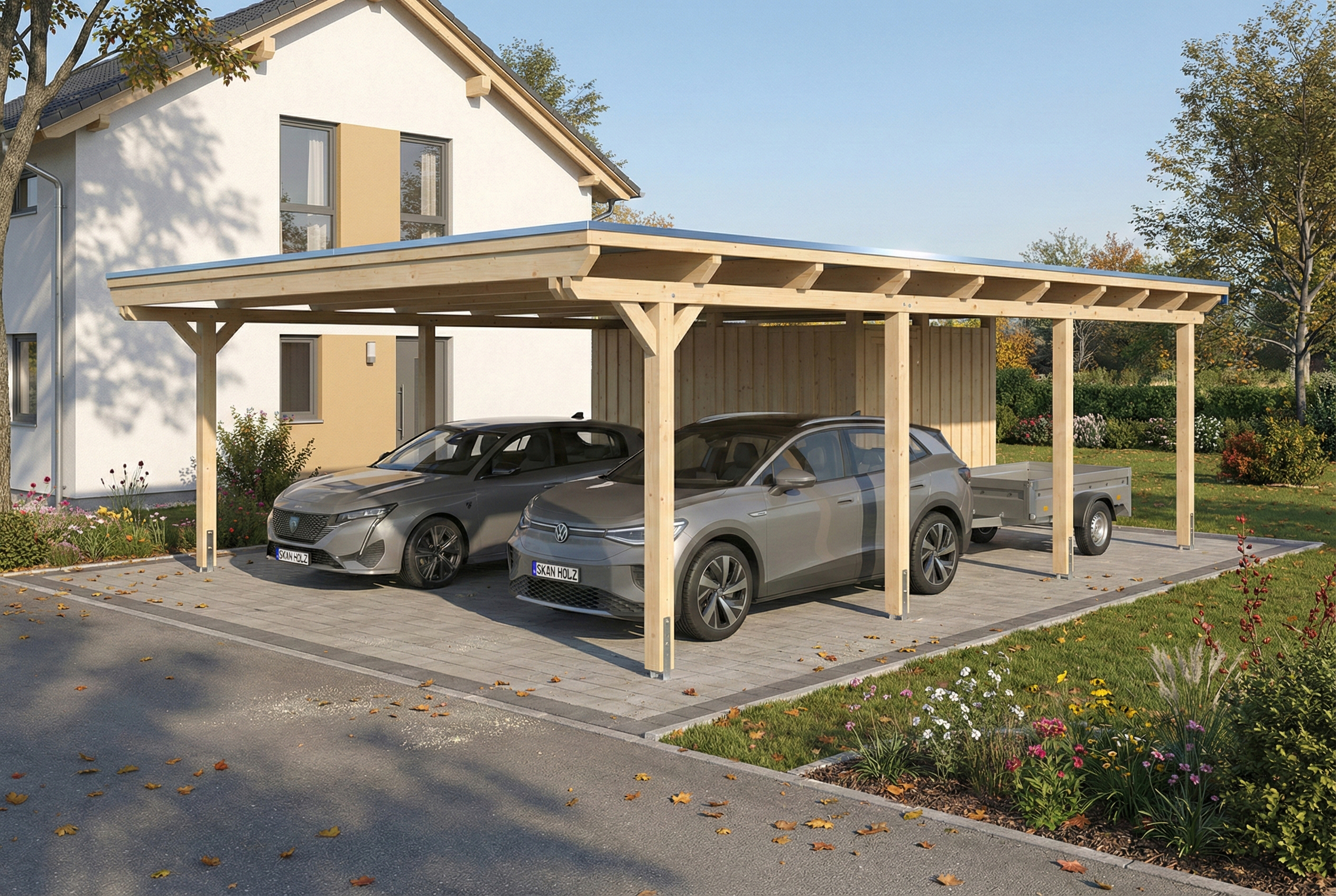 Carport Emsland 609 x 846 cm mit EPDM-Dach, mit Abstellraum, natur