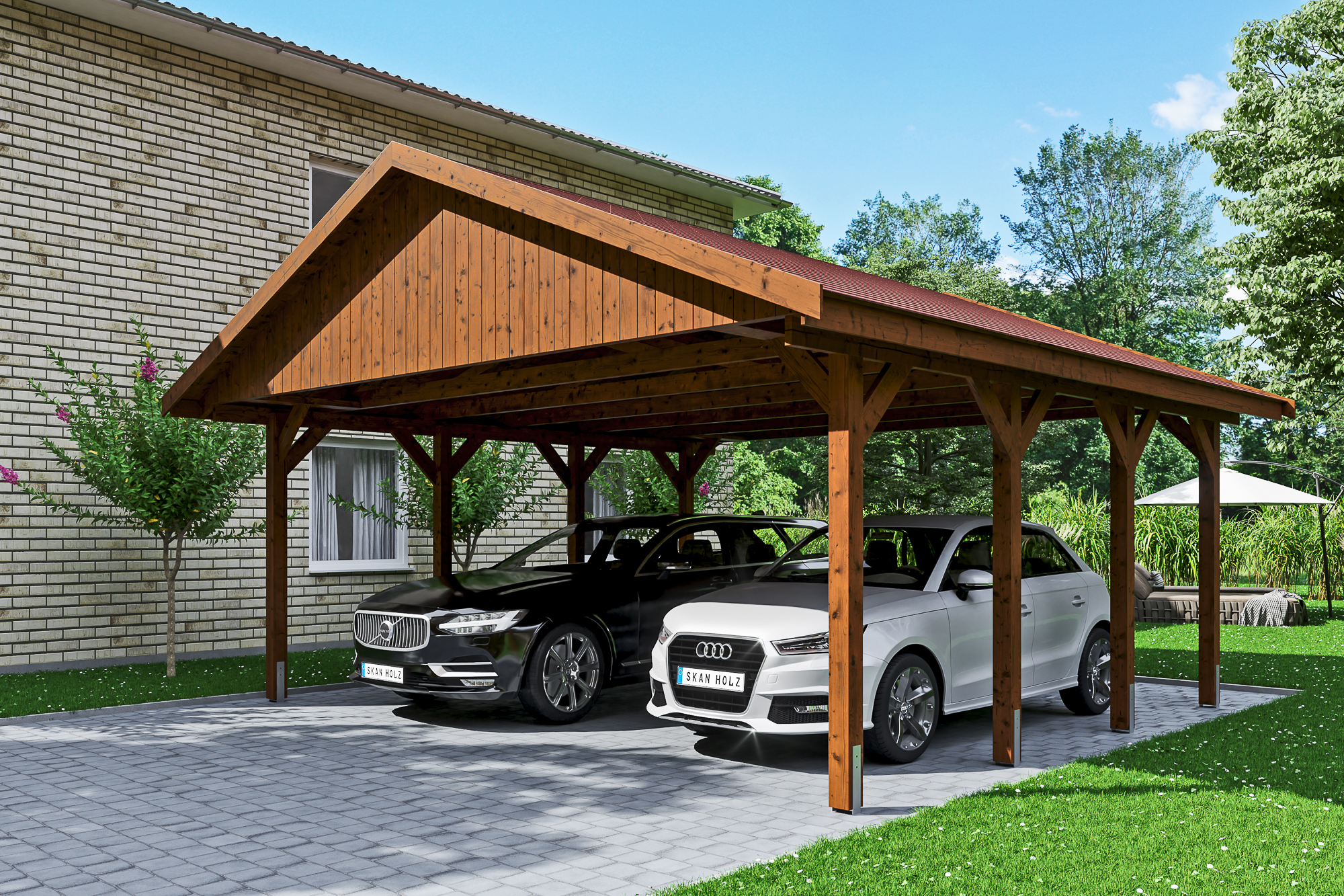 Ambientebild: Carport Wallgau 620 x 600 cm, mit roten Dachschindeln, farblich behandelt in nussbaum