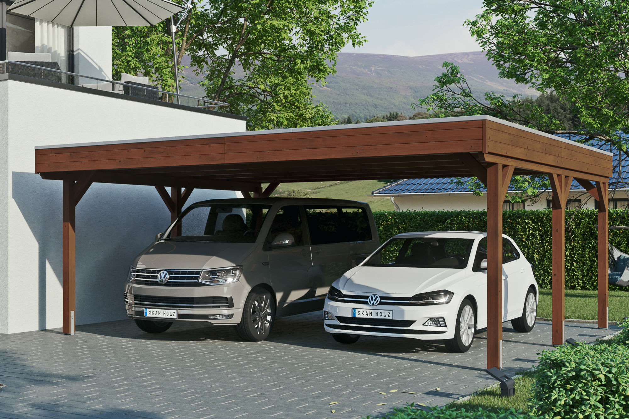 Carport Grunewald 622 x 554 cm met Aluminium dakplaten, gelakt in noten