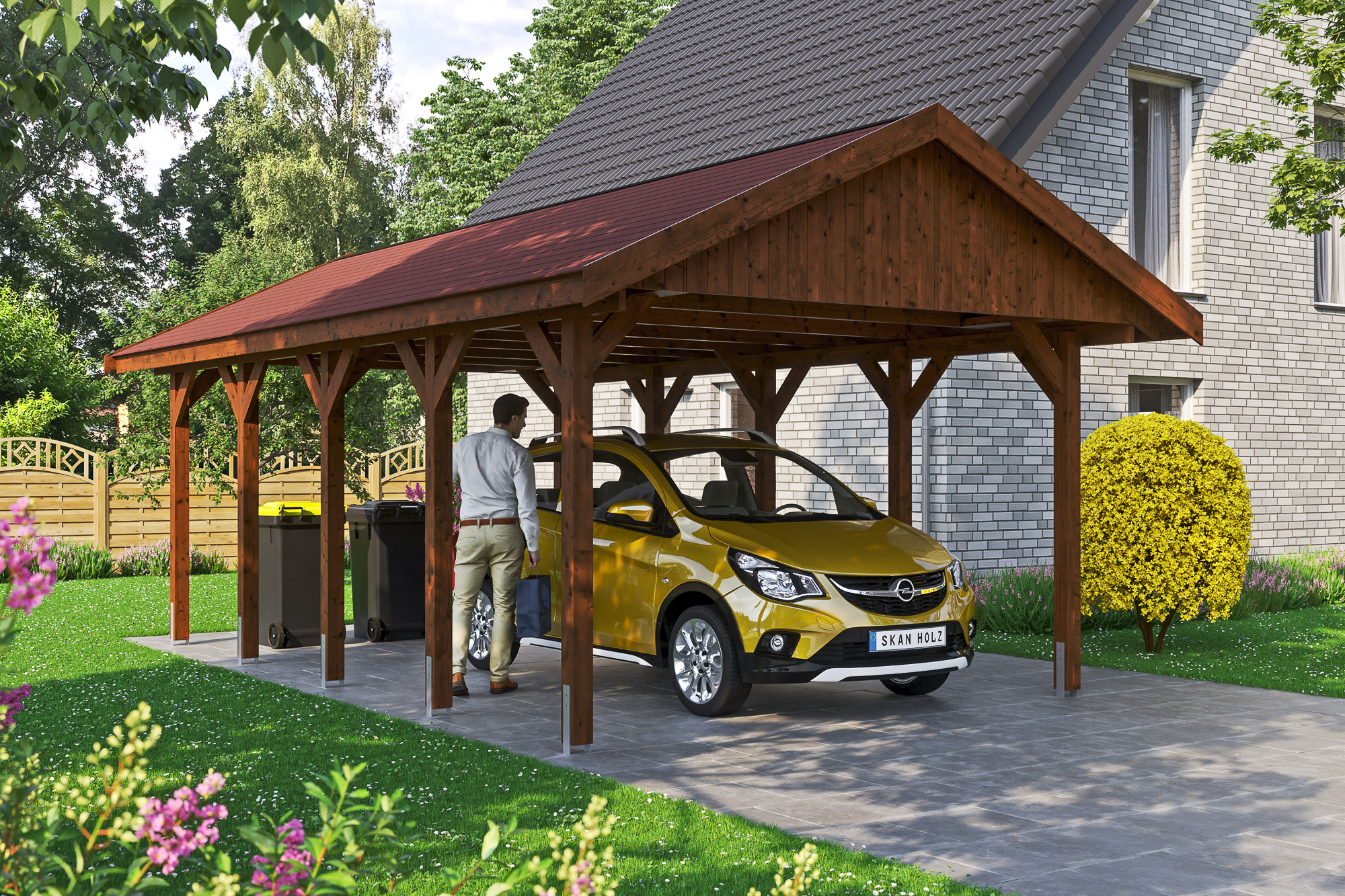Ambientebild: Carport Wallgau 430 x 750 cm, mit roten Dachschindeln, farblich behandelt in nussbaum