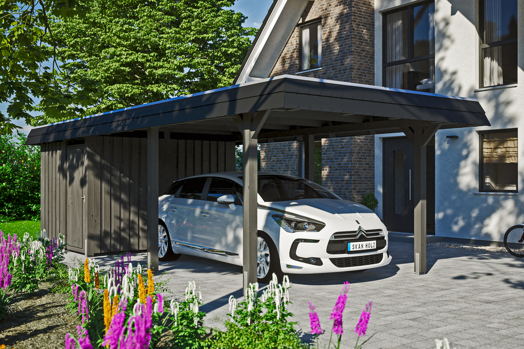 Ambientebild: Carport Wendland 362 x 870 cm, mit Abstellraum, mit schwarzer Blende, farblich behandelt in schiefergrau