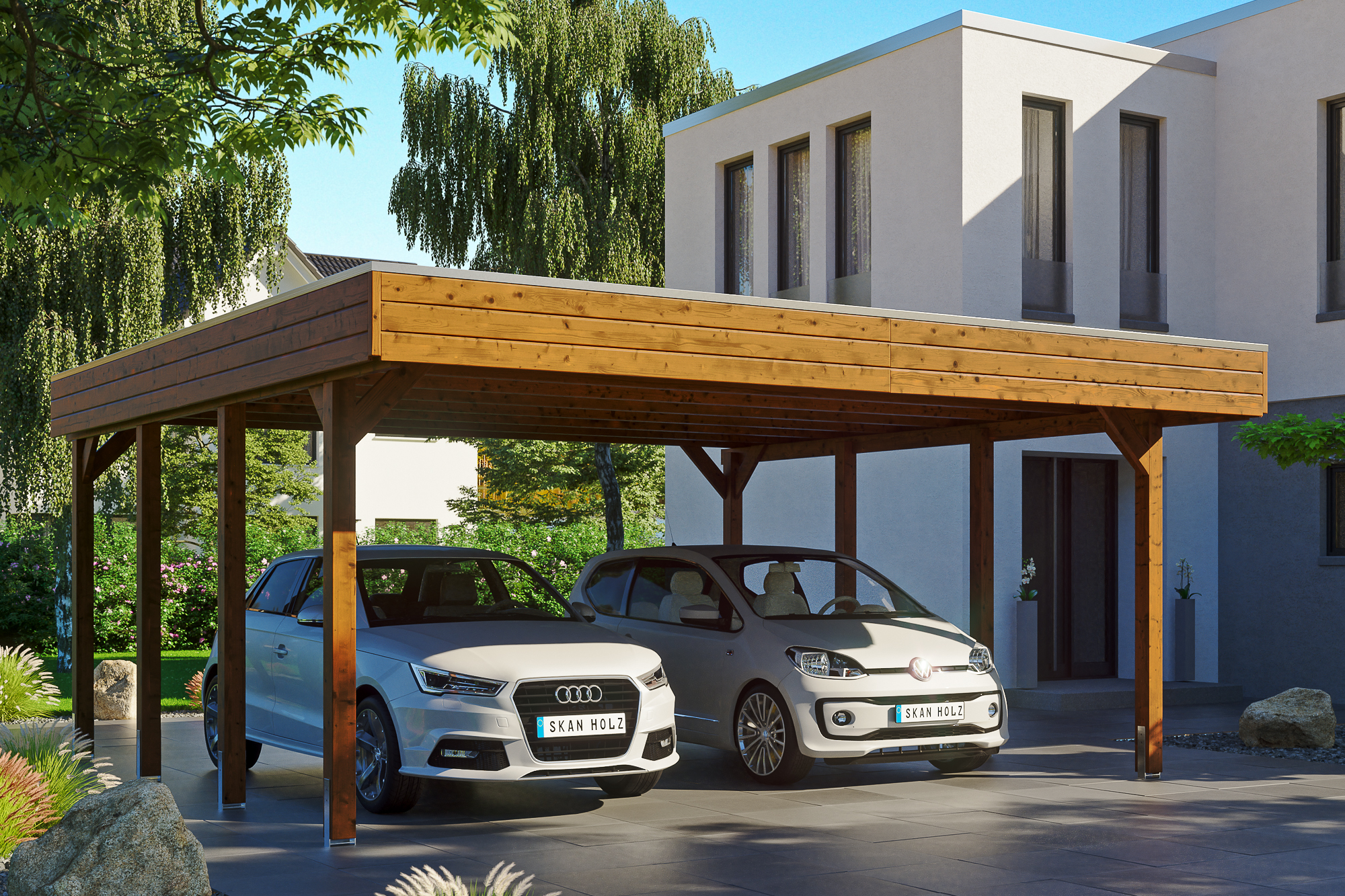 Carport Friesland 557 x 555 cm, gelakt in noten, met dakbetimmering en EPDM-folie