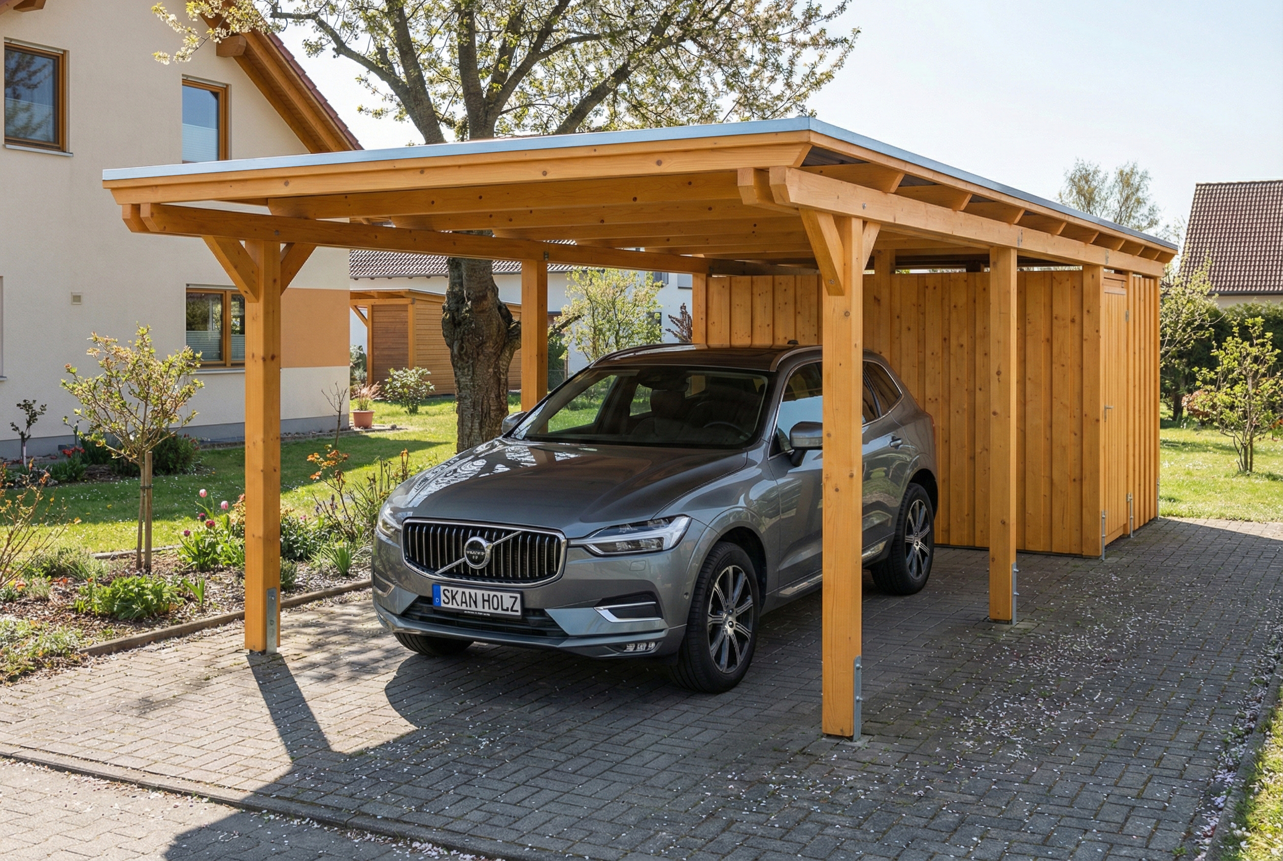 Carport Emsland 340 x 846 cm, panneaux de toit en acier avec non-tissé anti-condensation, avec débarras, chêne clair