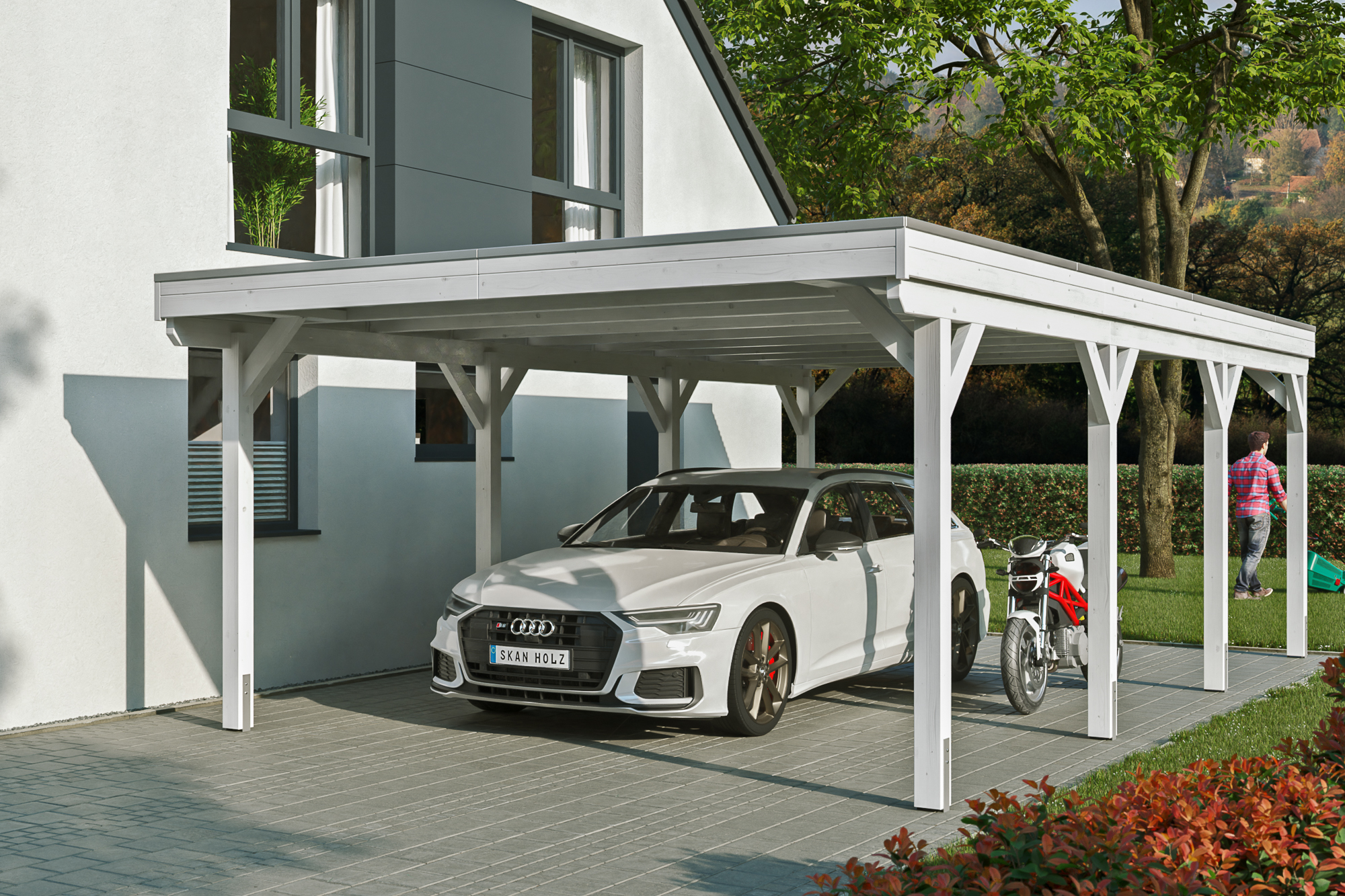 Ambientebild: Carport Grunewald 427 x 796 cm, farblich behandelt in weiß