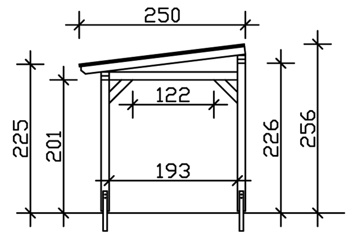 Grafik (Schnitt): Terrassenüberdachung Siena, Tiefe 250 cm