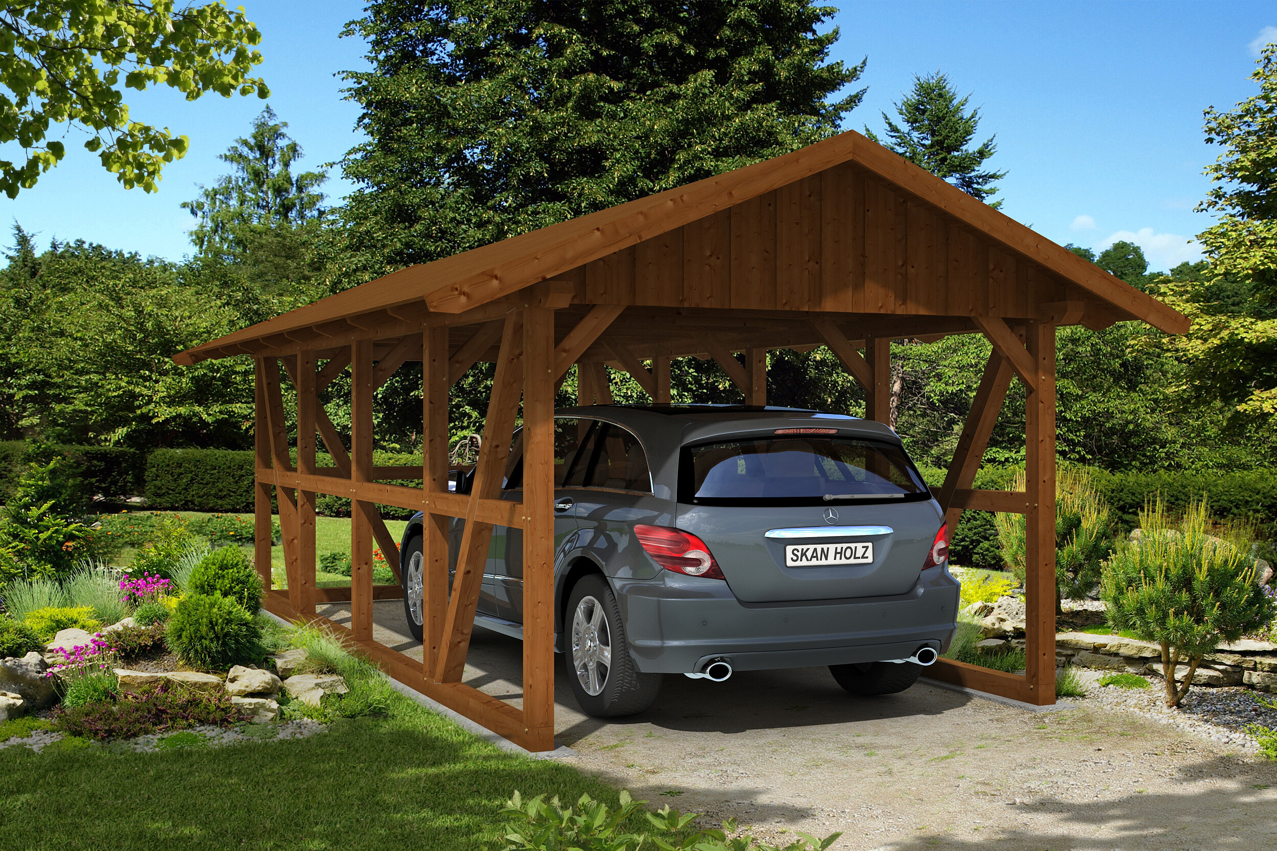 Ambientebild: Carport Schwarzwald 424 x 772 cm mit Rückwand, mit Dachschalung, farblich behandelt in nussbaum