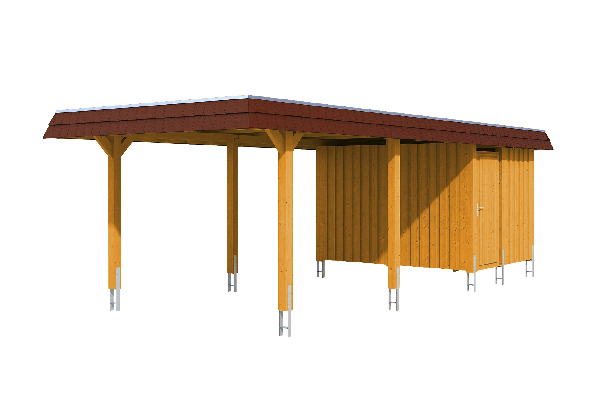 Produktbild: Carport Wendland 362 x 870 cm, mit Abstellraum, mit roter Blende, farblich behandelt in eiche hell