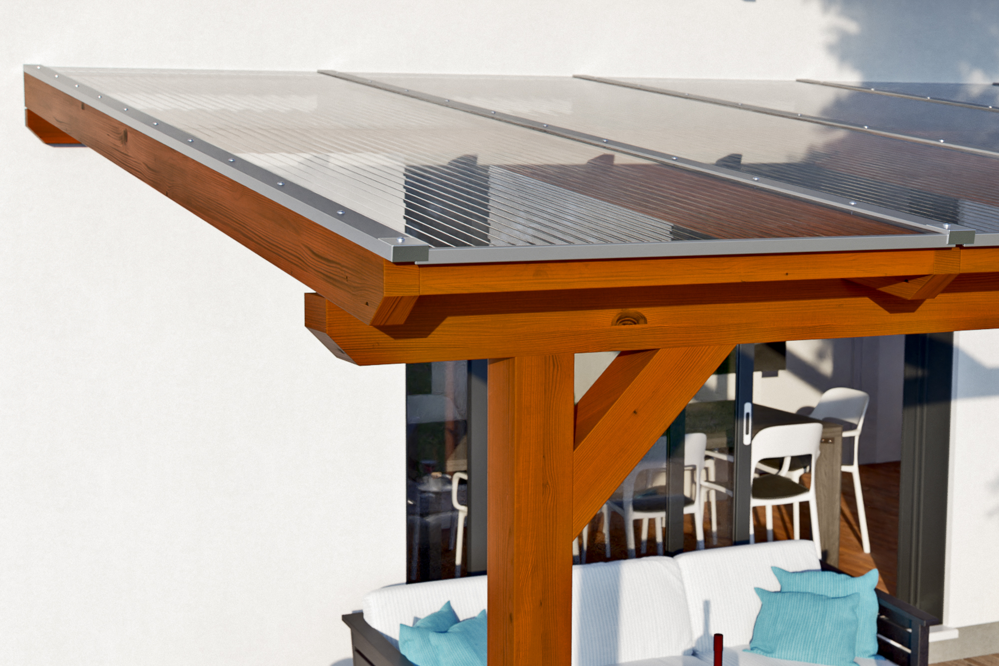 Detailbild einer Terrassenüberdachung Andria/Bormio farblich behandelt in nussbaum mit Blick seitlich auf das Dach