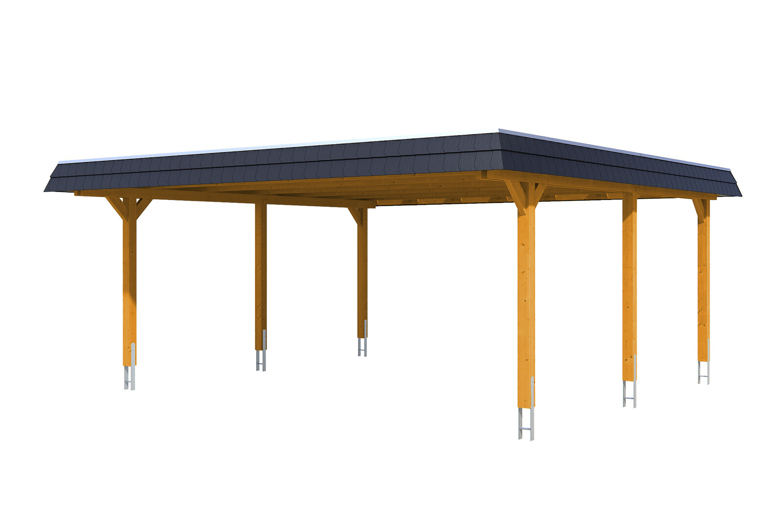 Carport Wendland, zwarte plaat met leisteenuiterlijk 630 x 637 cm, gelakt in licht eiken, met dakbetimmering en EPDM-folie