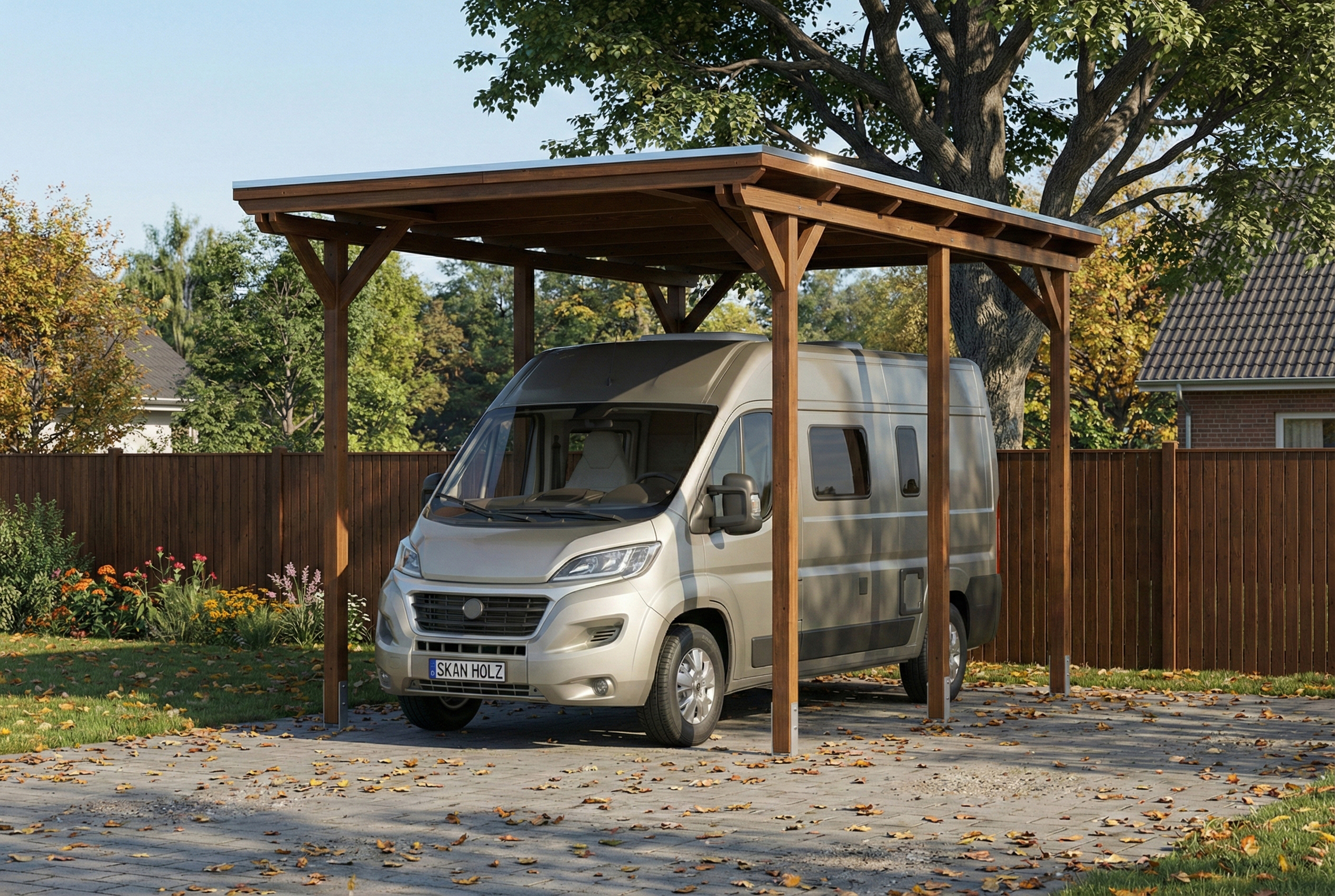Carport Emsland Caravan 402 x 604 cm, stalen dakplaten met antiek condensvlies, walnoot