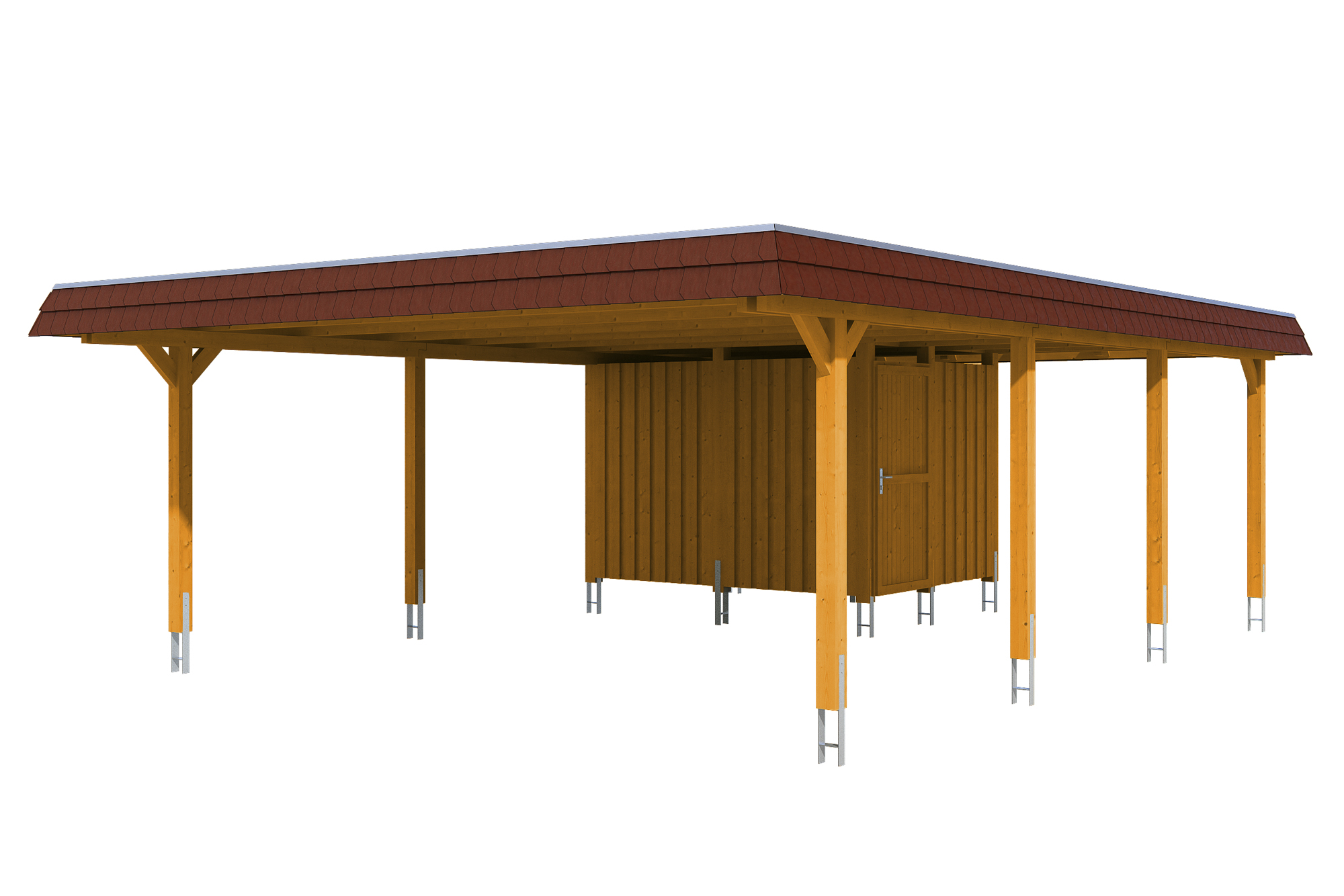 Carport Wendland with storage room 630 x 879 cm with aluminium roof, red fascia, colour pre-treated light oak
