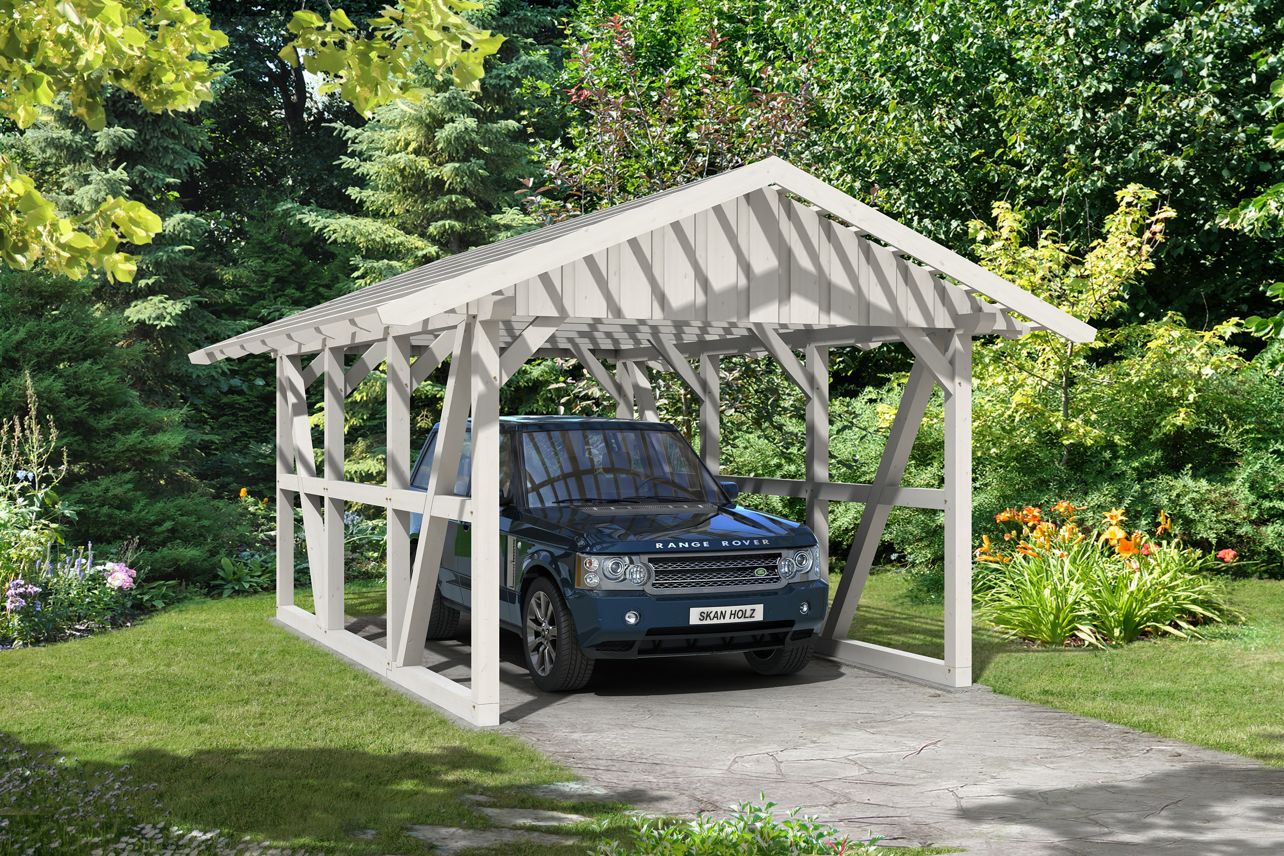 Carport SCHWARZWALD 434x600cm avec lattis, KVH-bois d'épinette, traitement coloré blanc