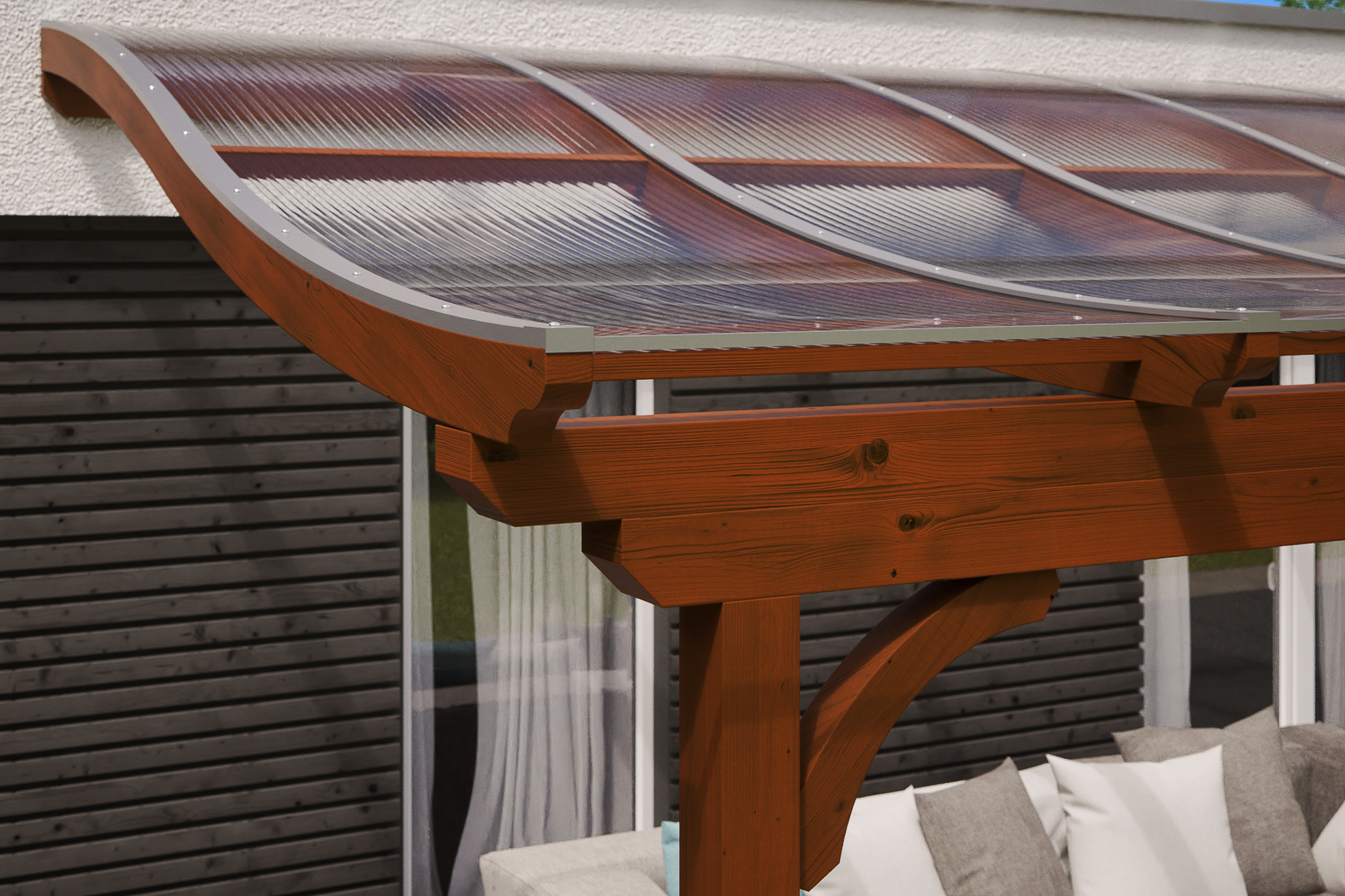 Terrasoverkapping Verona 434 x 239 cm, gelamineerd hout, gelakt in noten