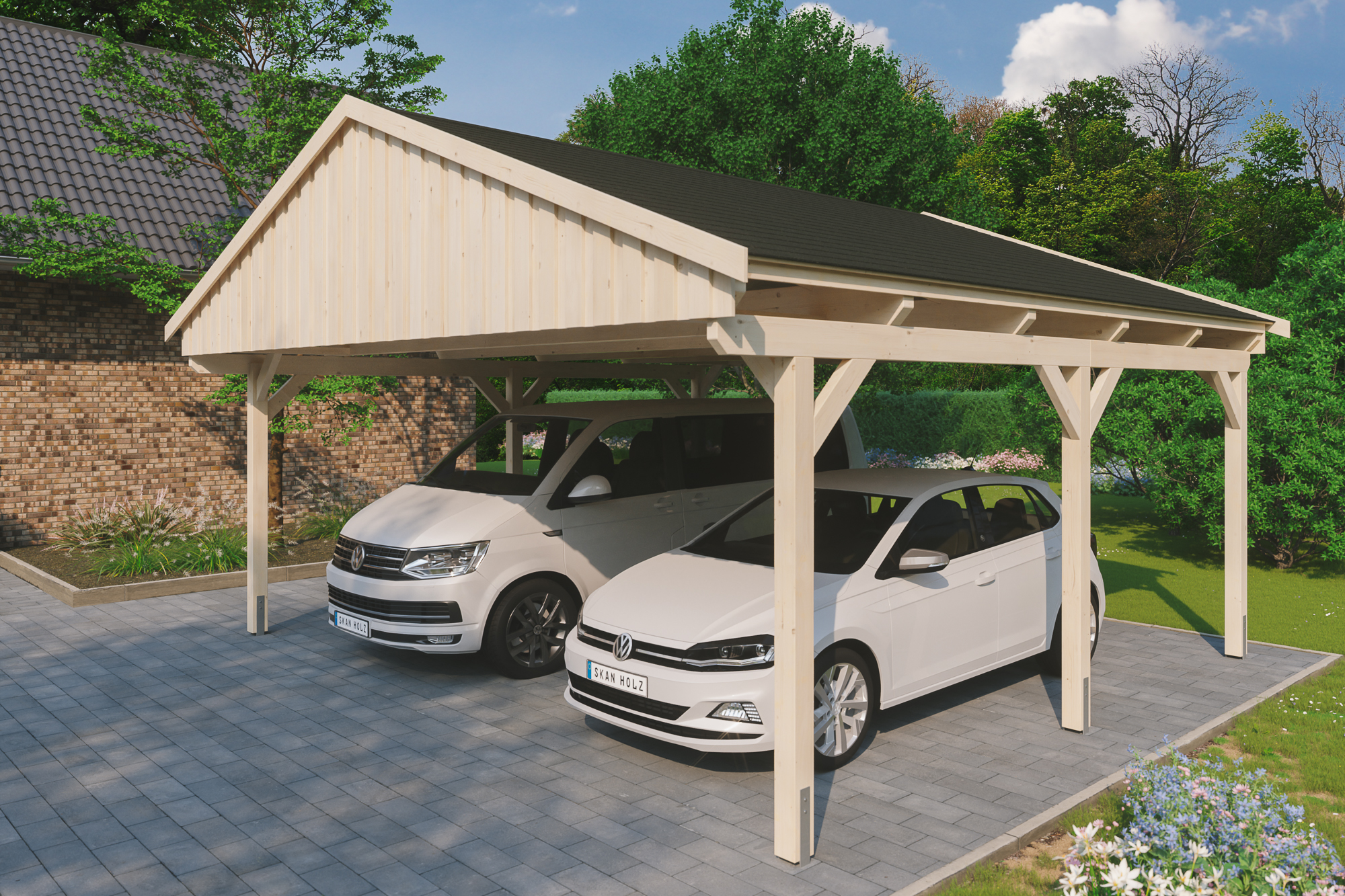 Ambientebild: Carport Fichtelberg 618 x 566 cm, natur, mit schwarzen Dachschindeln