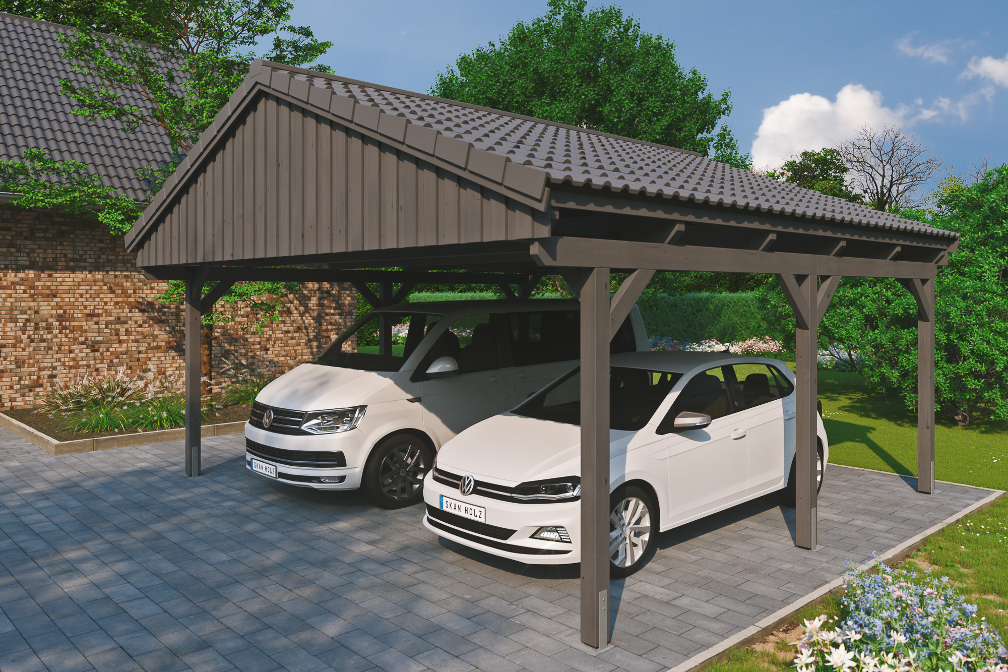 Ambientebild: Carport Fichtelberg 618 x 566 cm, farblich behandelt in schiefergrau, mit Dachziegeln