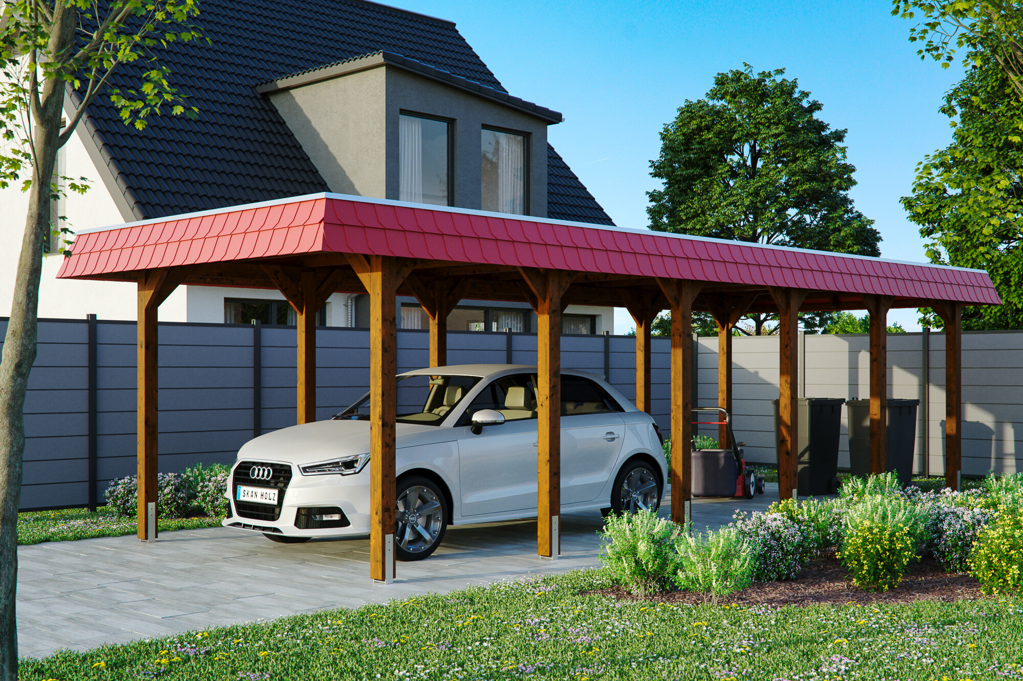 Carport SPREEWALD 345x893cm, toit en aluminium, bandeau rouge, bois résineux imprégné, traitement coloré noyer