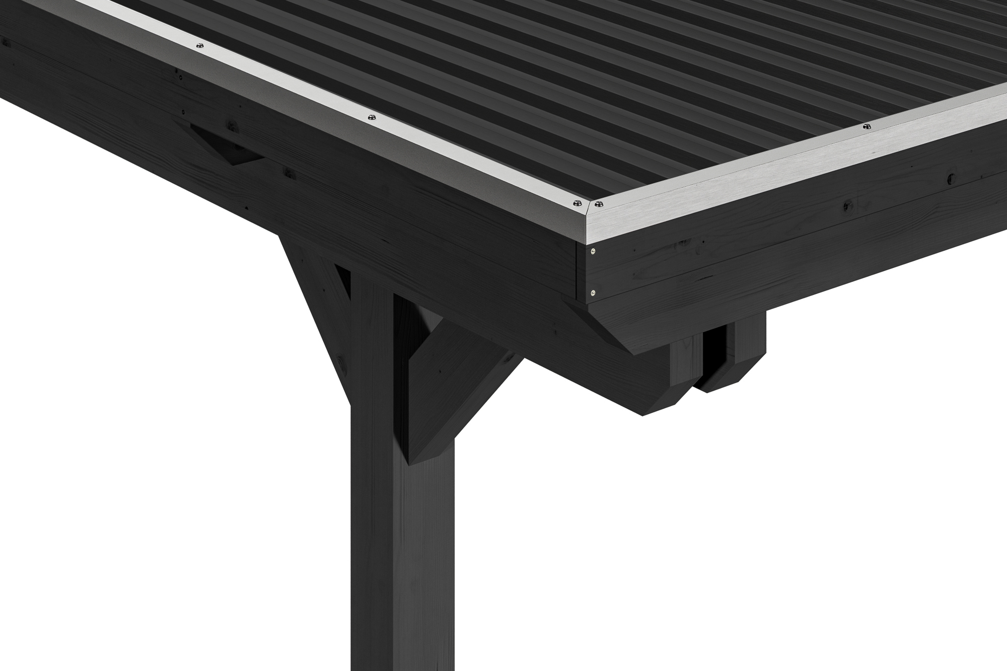 Detailbild: Konstruktion beim Carport Emsland von oben (Pfosten, Doppelpfette, Dachplatten und Blende mit Aluminiumabschlusskante), farblich behandelt in anthrazit