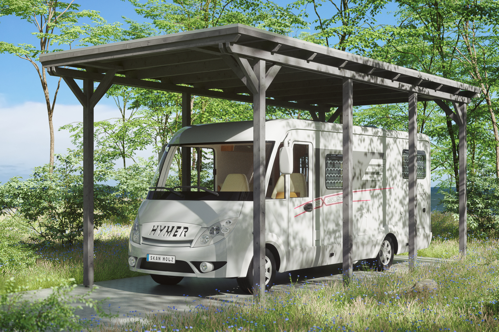 Ambientebild: Carport Emsland Caravan 404 x 846 cm, farblich behandelt in schiefergrau