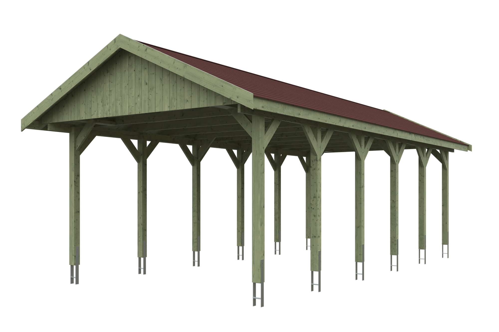 Produktbild: Carport Wallgau 430 x 900 cm, mit roten Dachschindeln, grün imprägniert