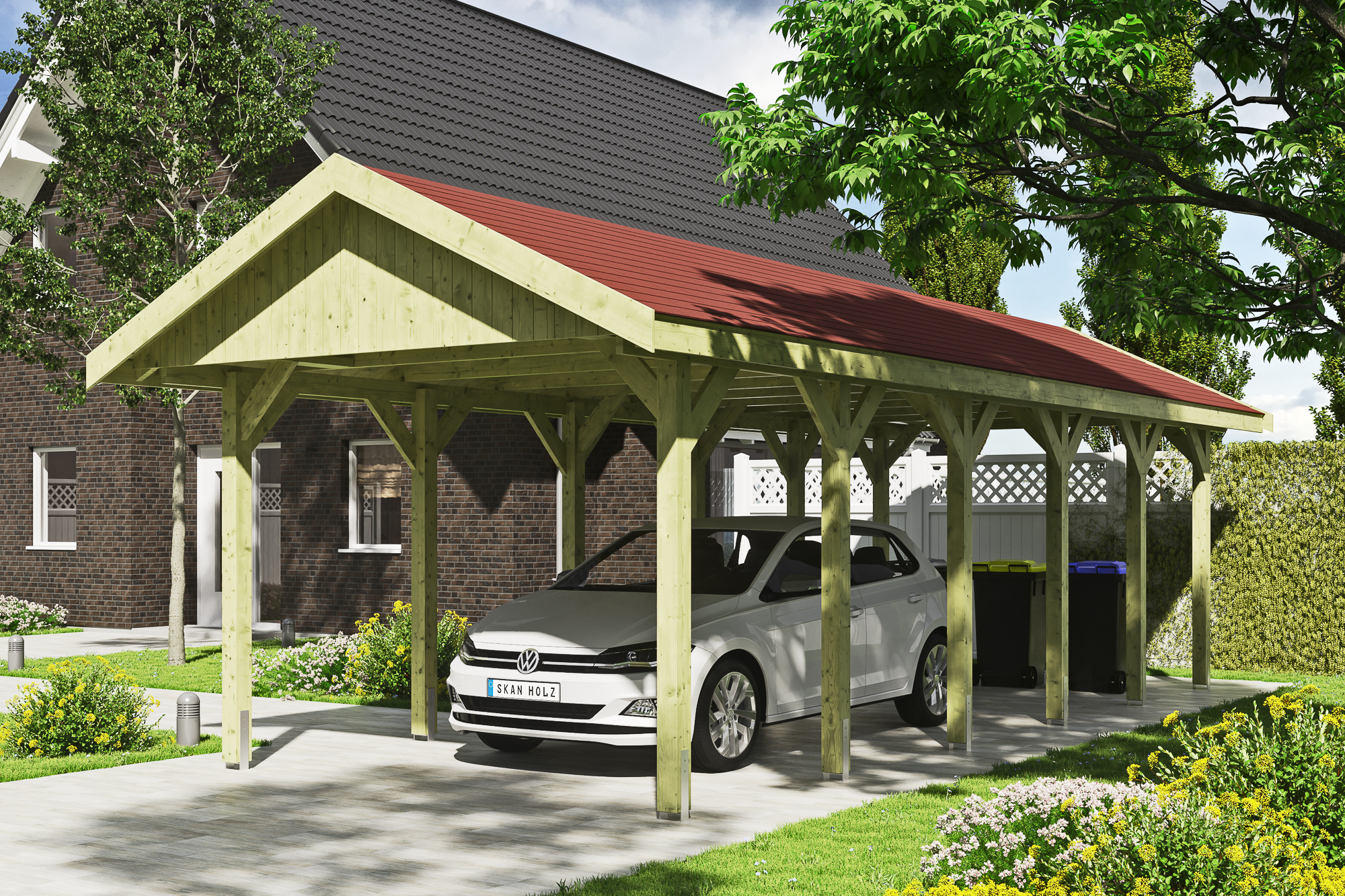 Ambientebild: Carport Wallgau 380 x 900 cm, mit roten Dachschindeln, grün imprägniert
