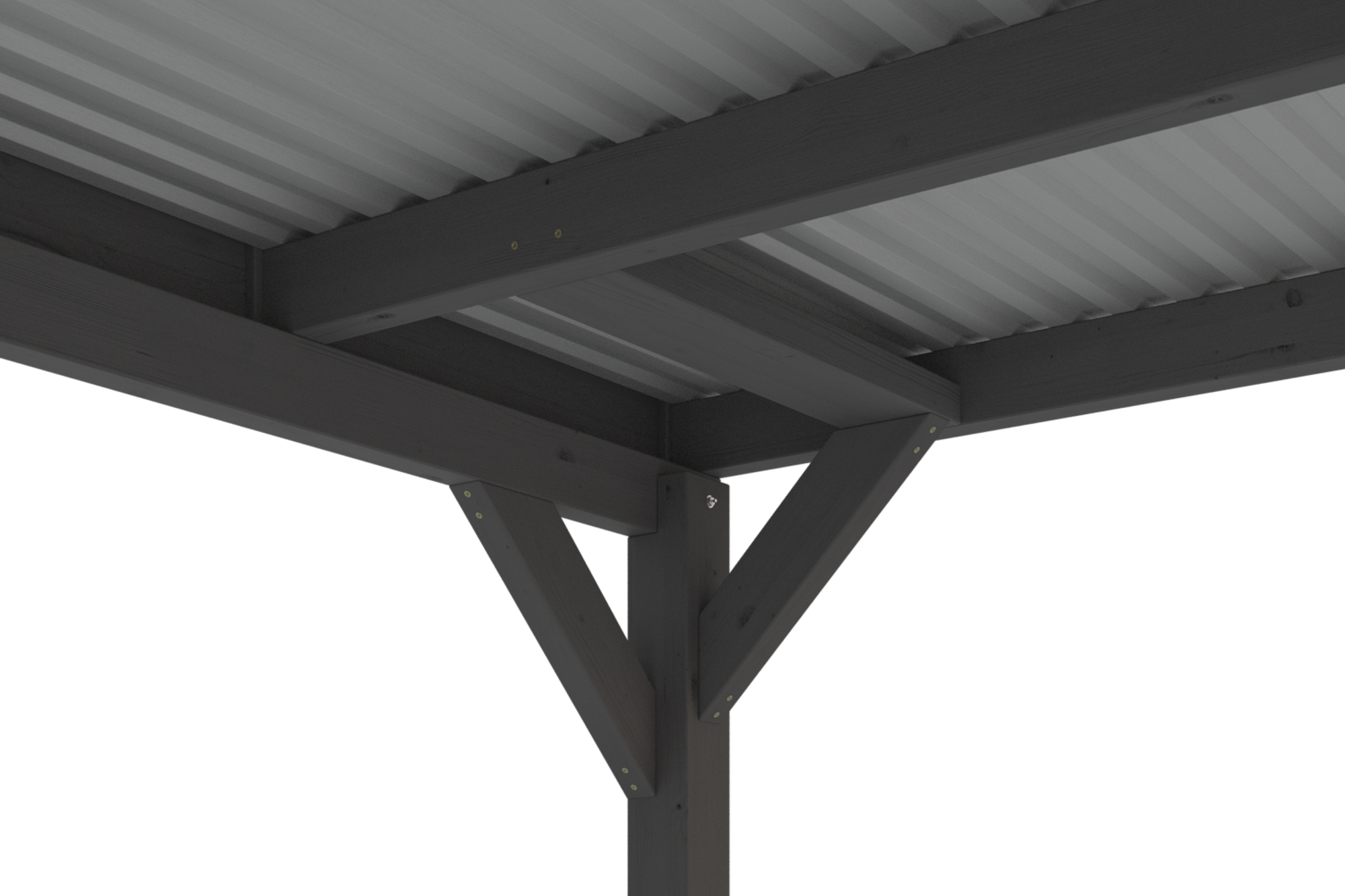Detailbild: Dachkonstruktion beim Carport Grunewald, farblich behandelt in schiefergrau, mit Aluminiumdachplatten (von unten)