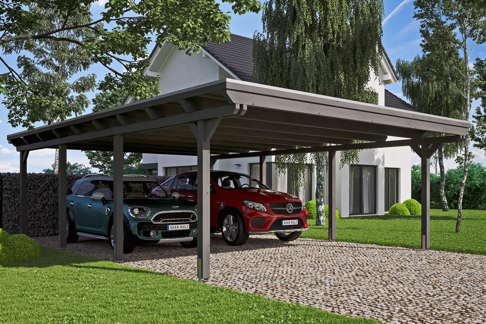 Carport Emsland 613 x 846 cm, gelakt in leigrijs, met Aluminium dakplaten