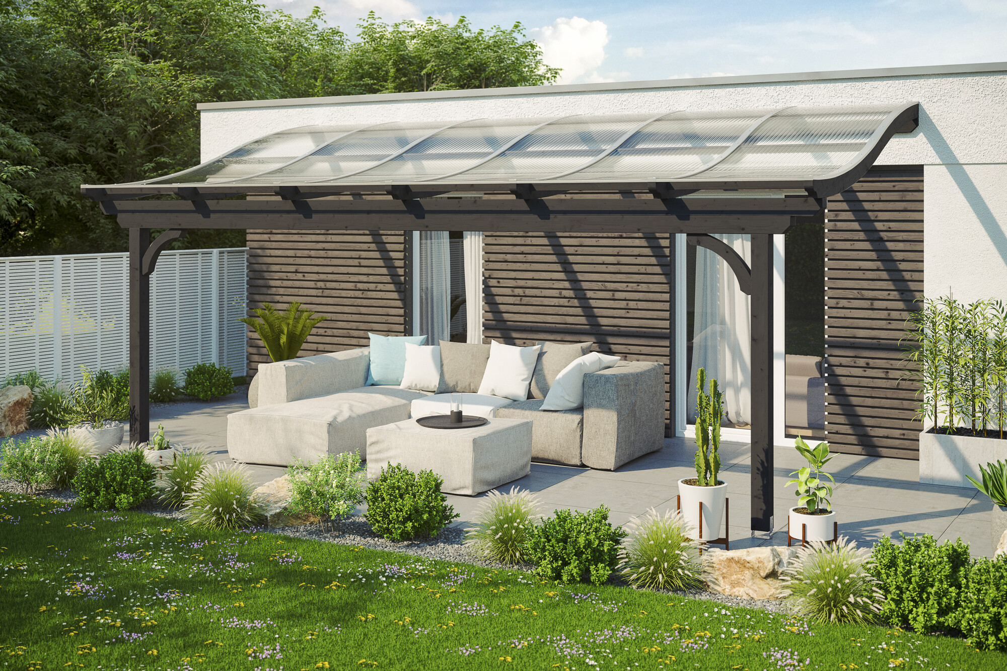 Pergola adossée VERONA 648x239cm, bois lamellé-collé, traitement coloré anthracite