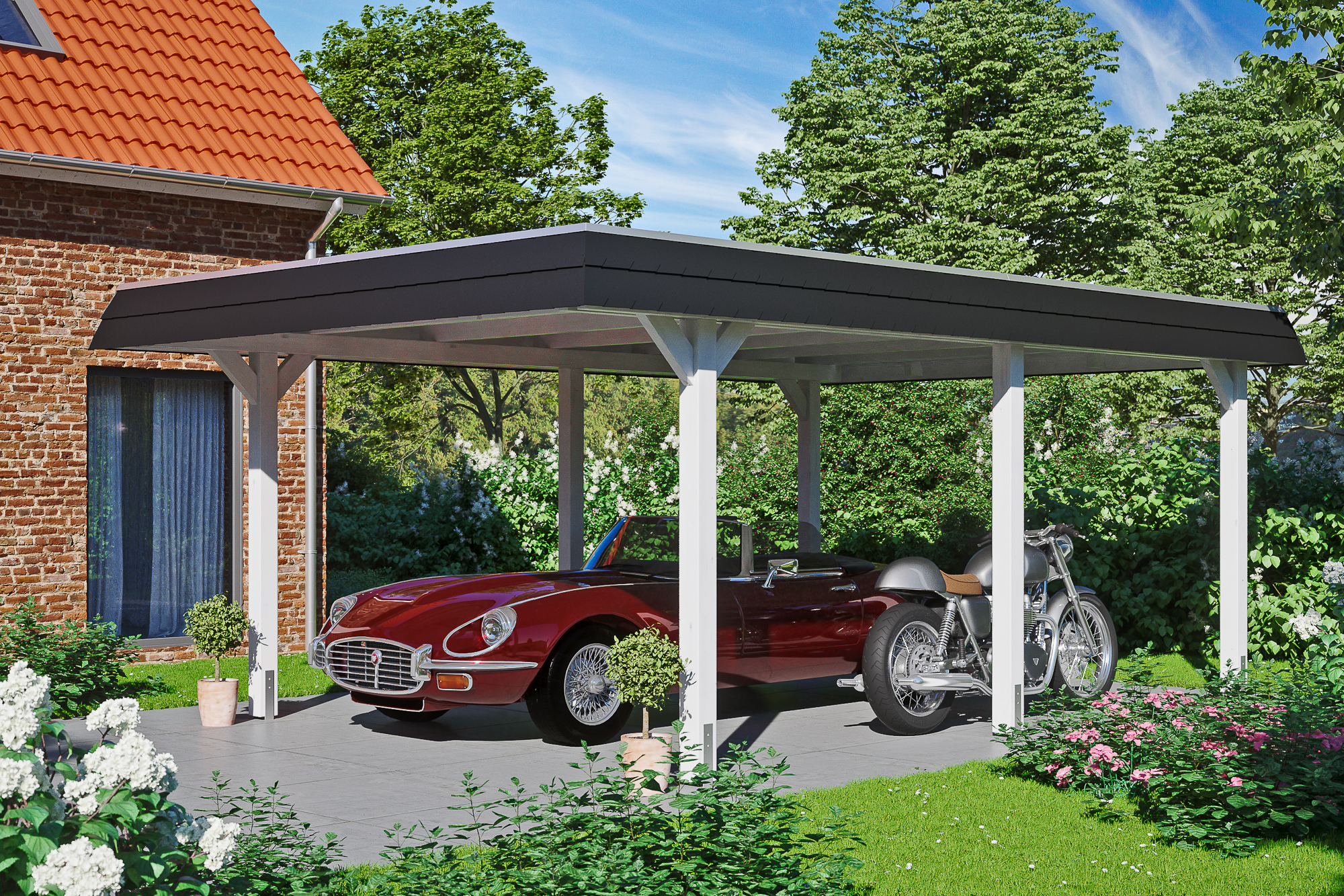 Ambientebild: Carport Wendland 409 x 628 cm, mit schwarzer Blende, farblich behandelt in weiß