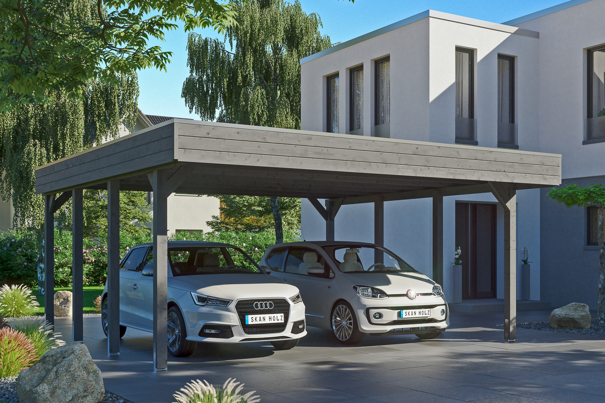 Ambientebild: Carport Friesland 557 x 555 cm, farblich behandelt in schiefergrau