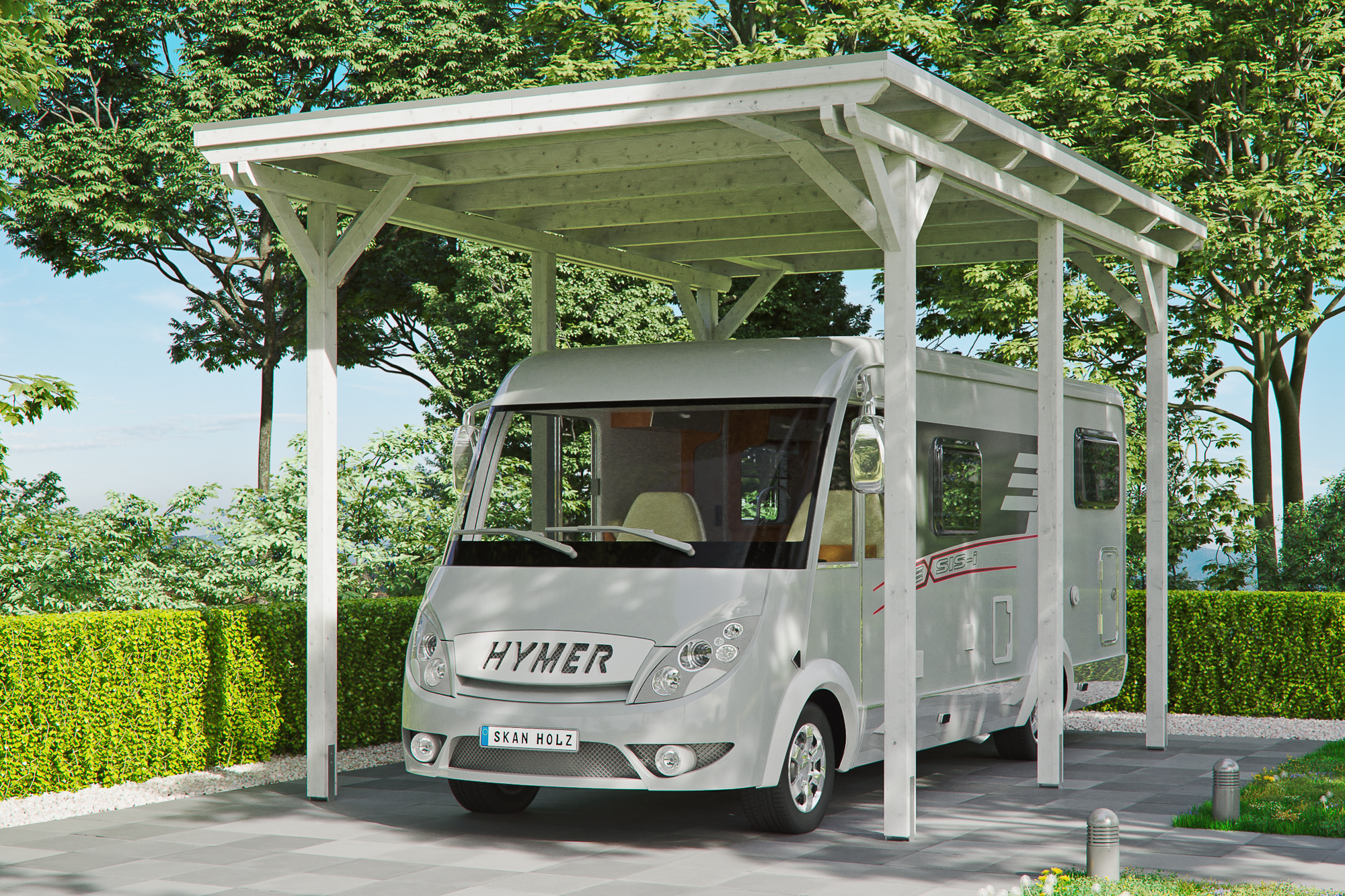 Ambientebild: Carport Emsland Caravan 404 x 604 cm, farblich behandelt in weiß