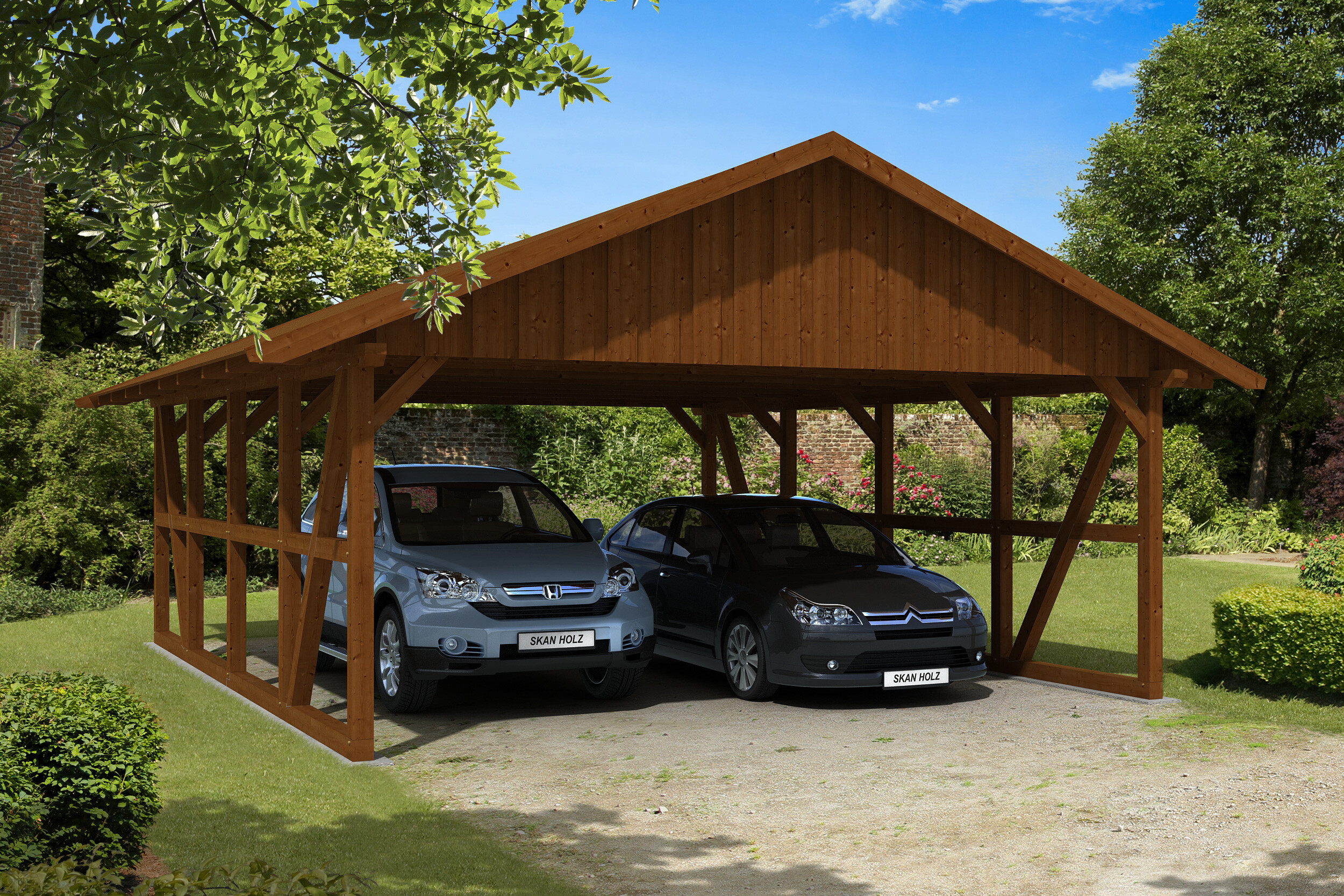 Carport Schwarzwald 684 x 772 cm, nussbaum, mit Dachschalung