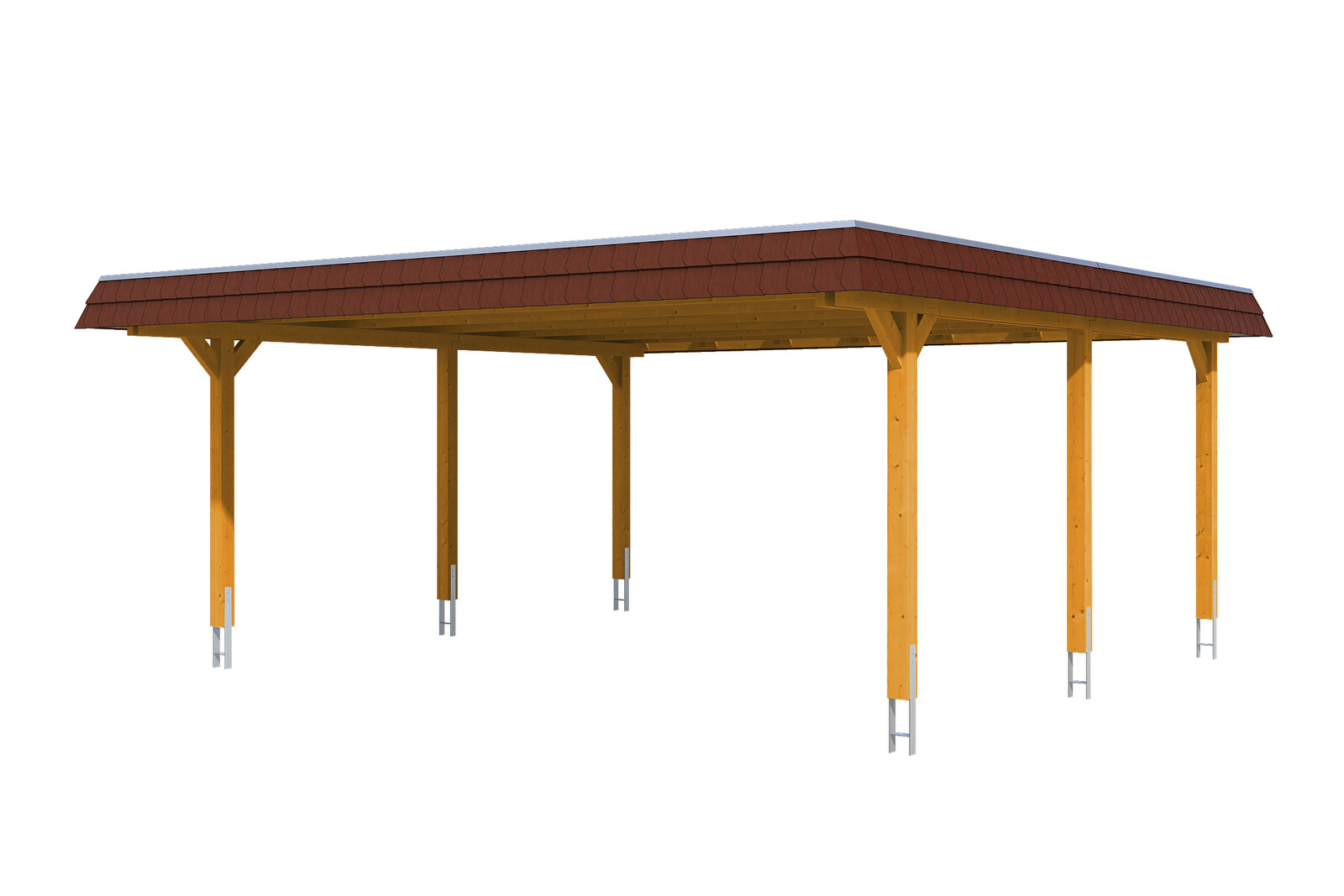 Carport Wendland 630 x 637 cm mit Aluminiumdach, rote Blende, eiche hell