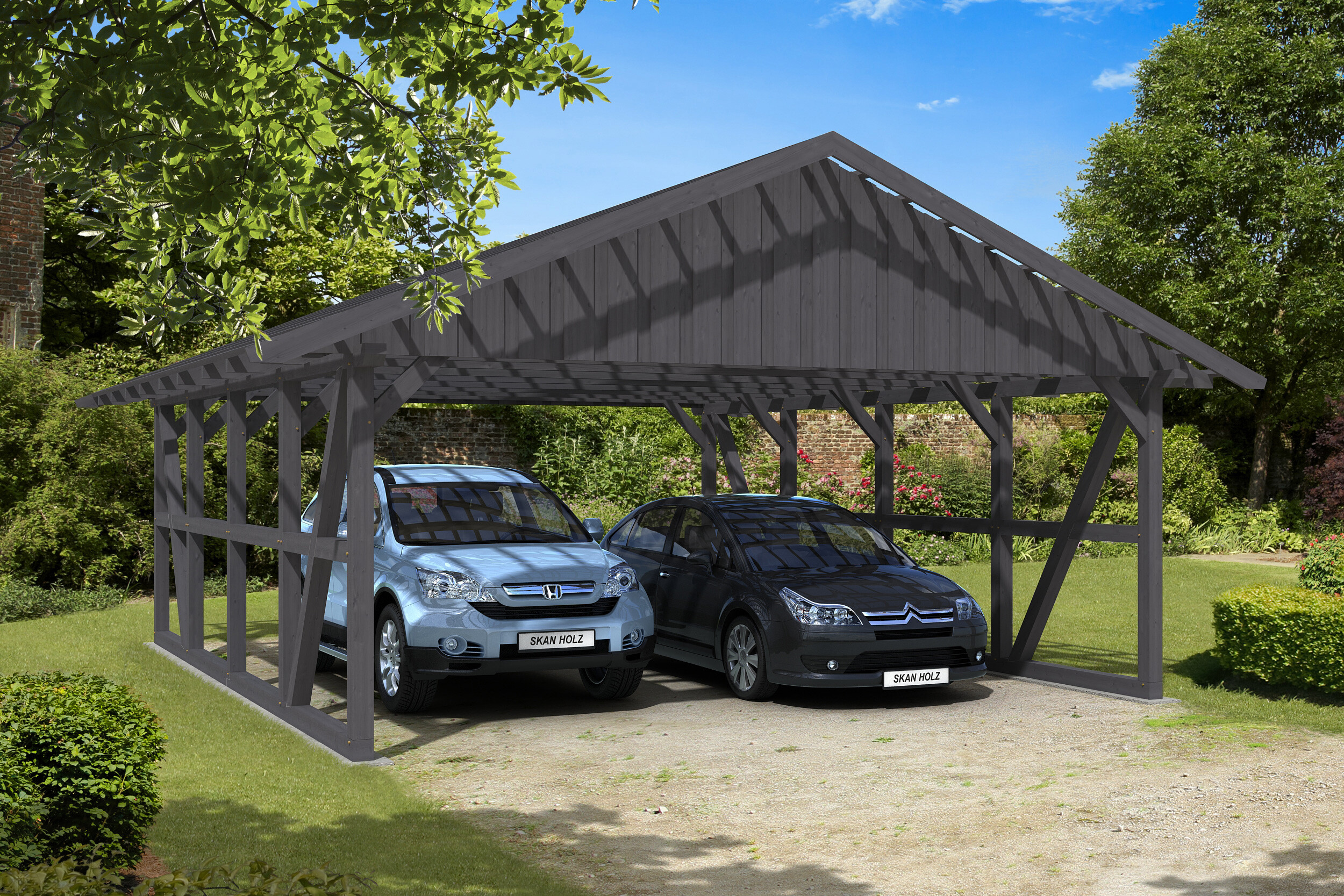 Carport Schwarzwald 684 x 772 cm, schiefergrau, mit Dachlattung