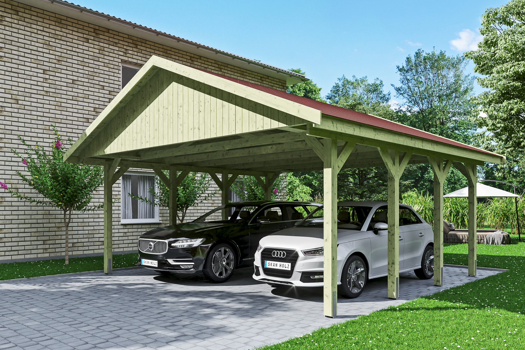 Ambientebild: Carport Wallgau 620 x 600 cm, mit roten Dachschindeln, grün imprägniert 