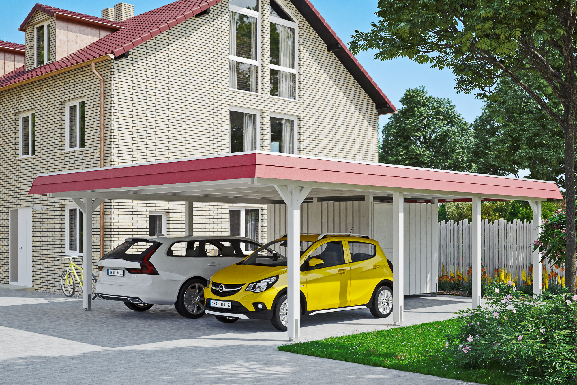 Ambientebild: Carport Wendland 630 x 879 cm, mit Abstellraum, mit roter Blende, farblich behandelt in weiß