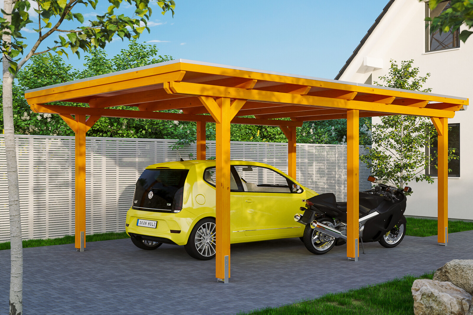 Carport Emsland 404 x 604 cm, gelakt in licht eiken, met dakbetimmering en EPDM-folie