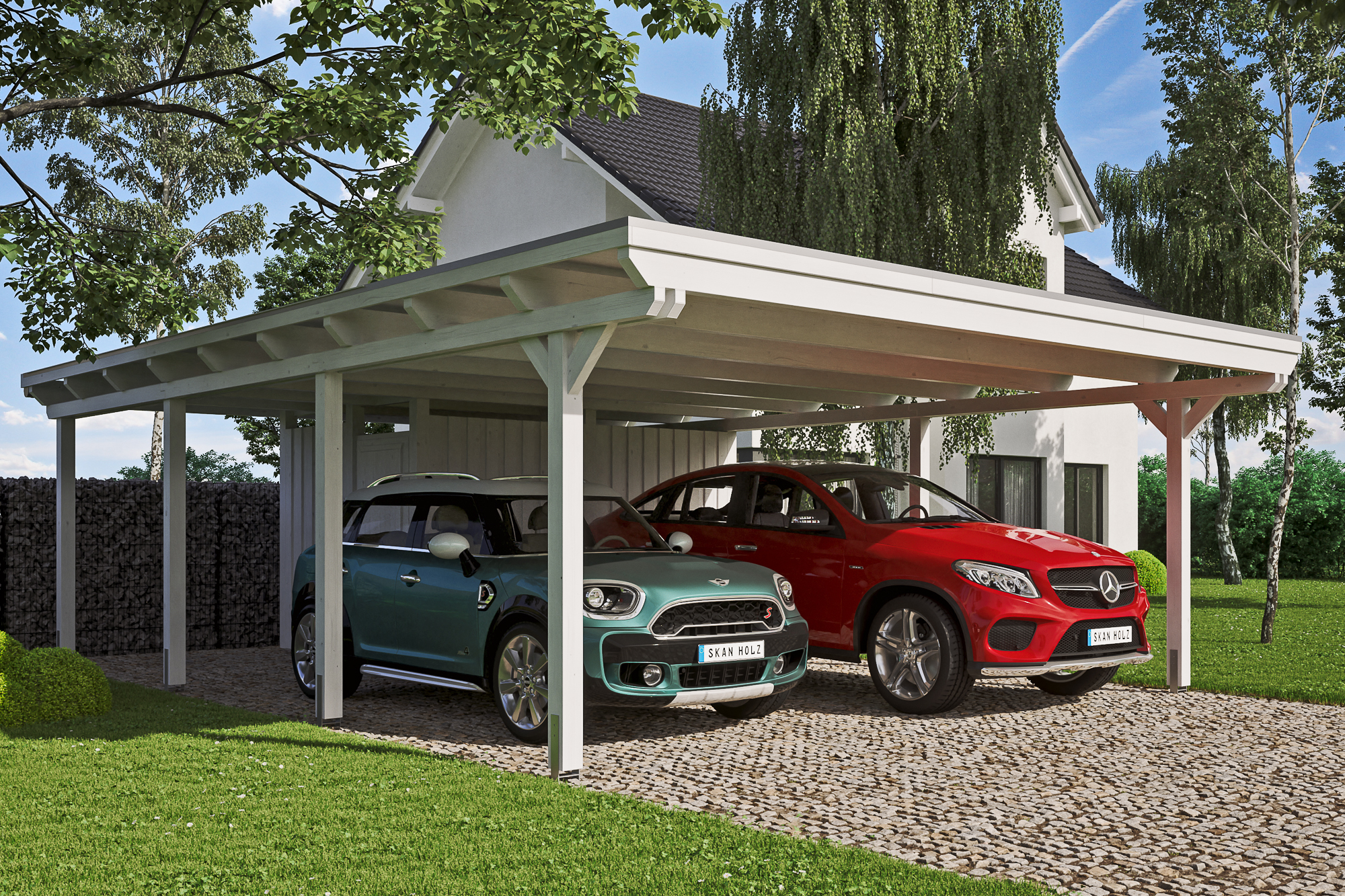 Ambientebild: Carport Emsland 613 x 846 cm mit Abstellraum, farblich behandelt in weiß