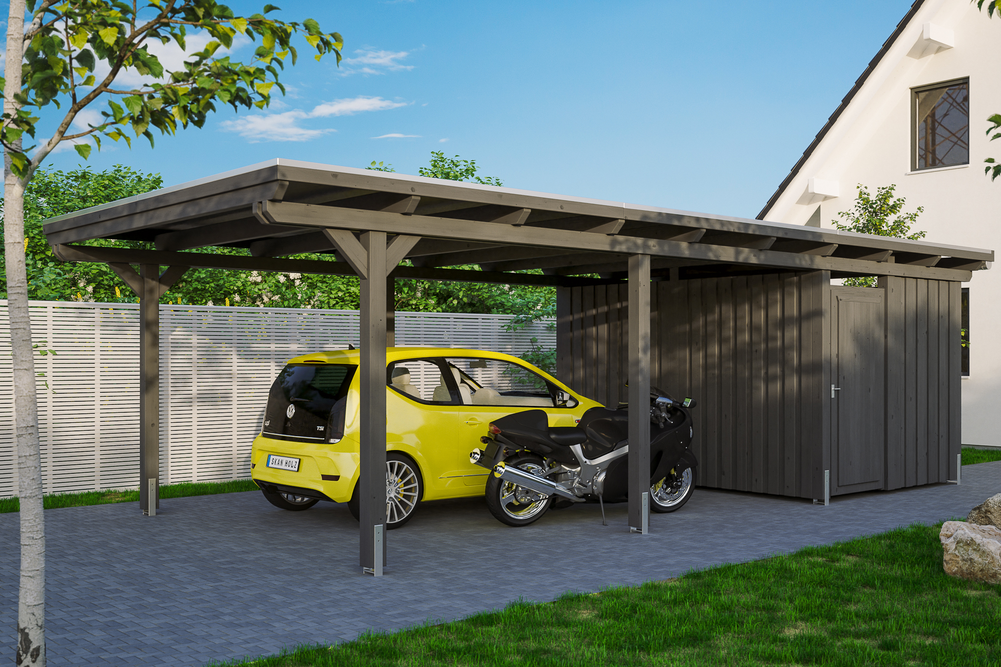 Ambientebild: Carport Emsland 404 x 846 cm mit Abstellraum, farblich behandelt in schiefergrau