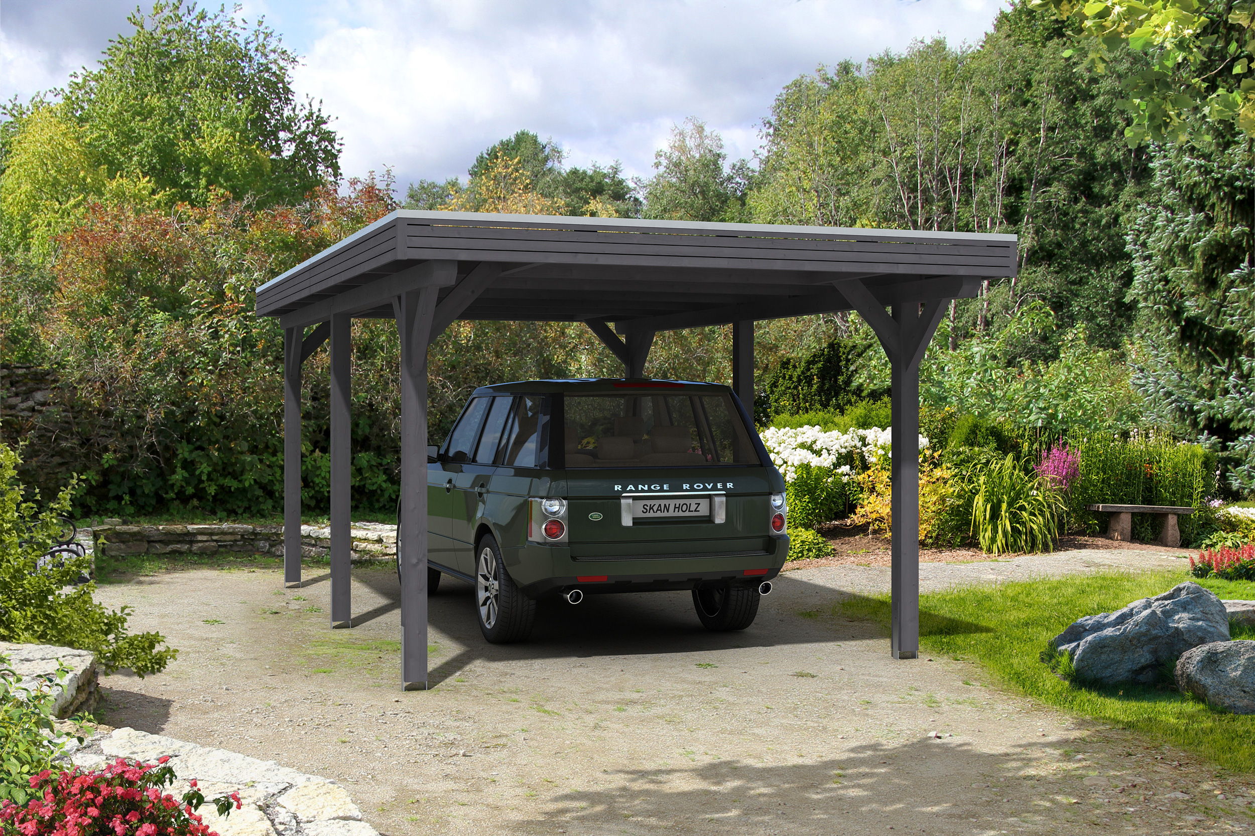 Ambientebild: Carport Spessart 355 x 604 cm, farblich behandelt in schiefergrau