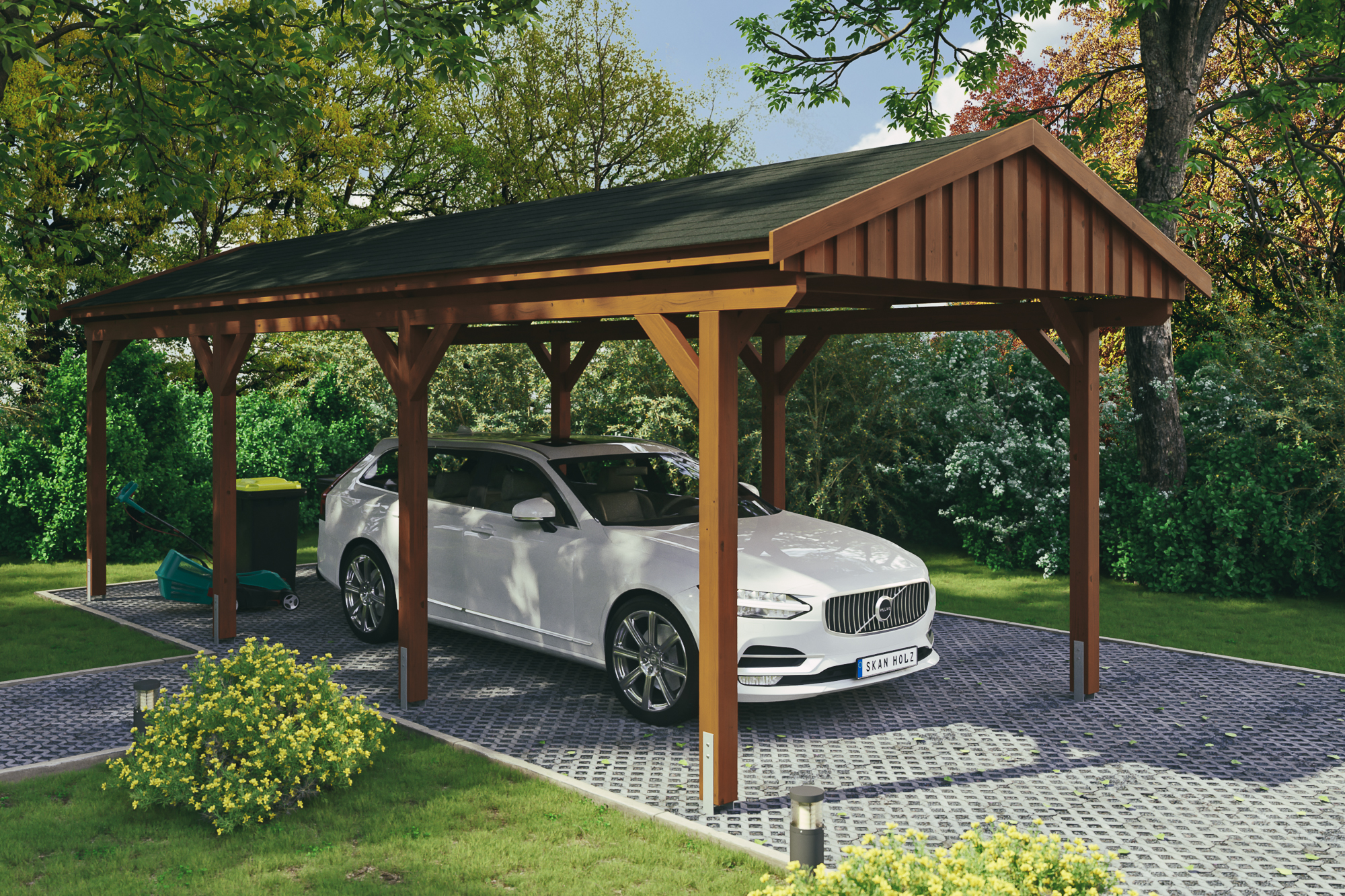 Ambientebild: Carport Fichtelberg 317 x 808 cm, farblich behandelt in nussbaum, mit schwarzen Dachschindeln