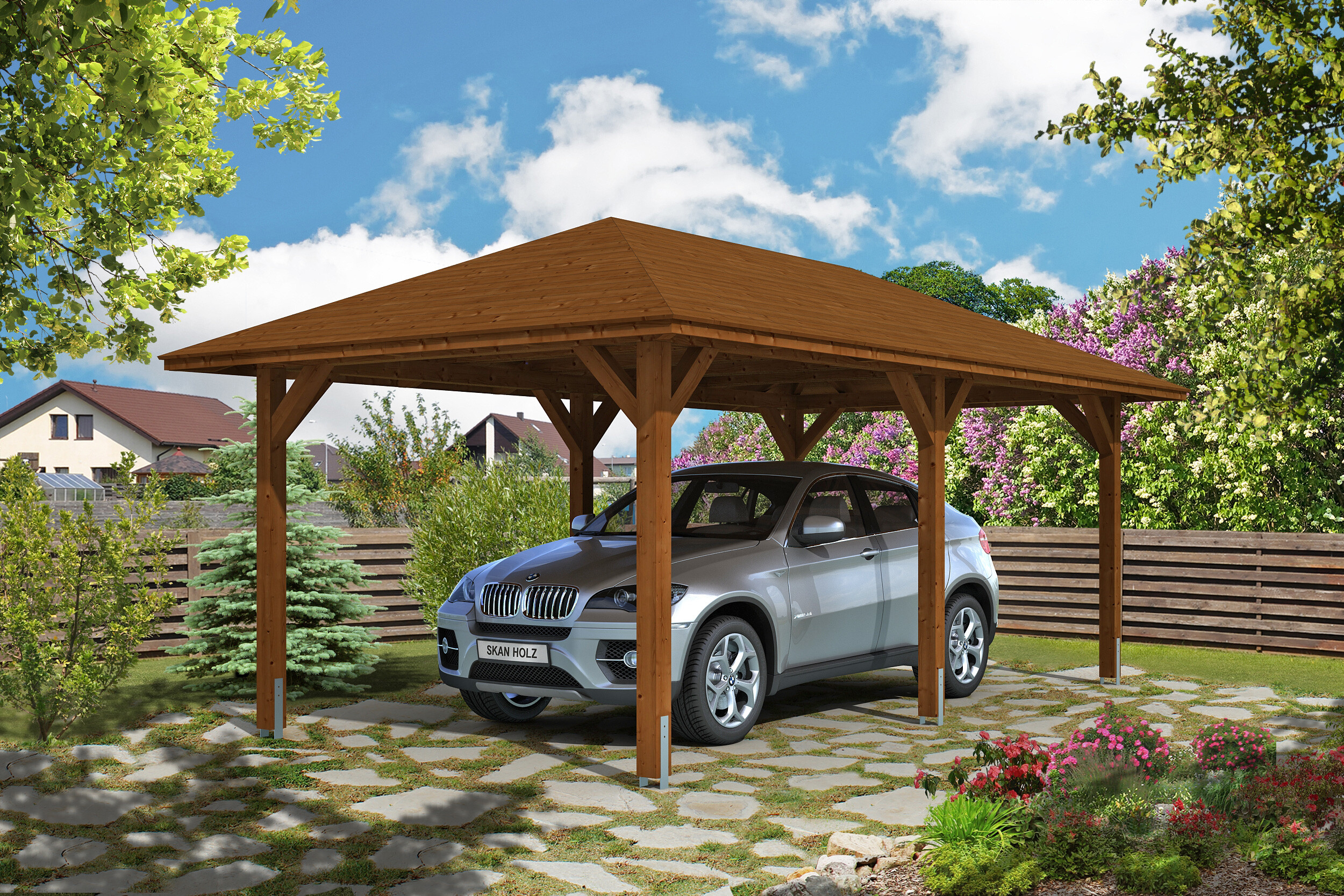 Carport TAUNUS 374x656cm, bois lamellé-collé, traitement coloré noyer