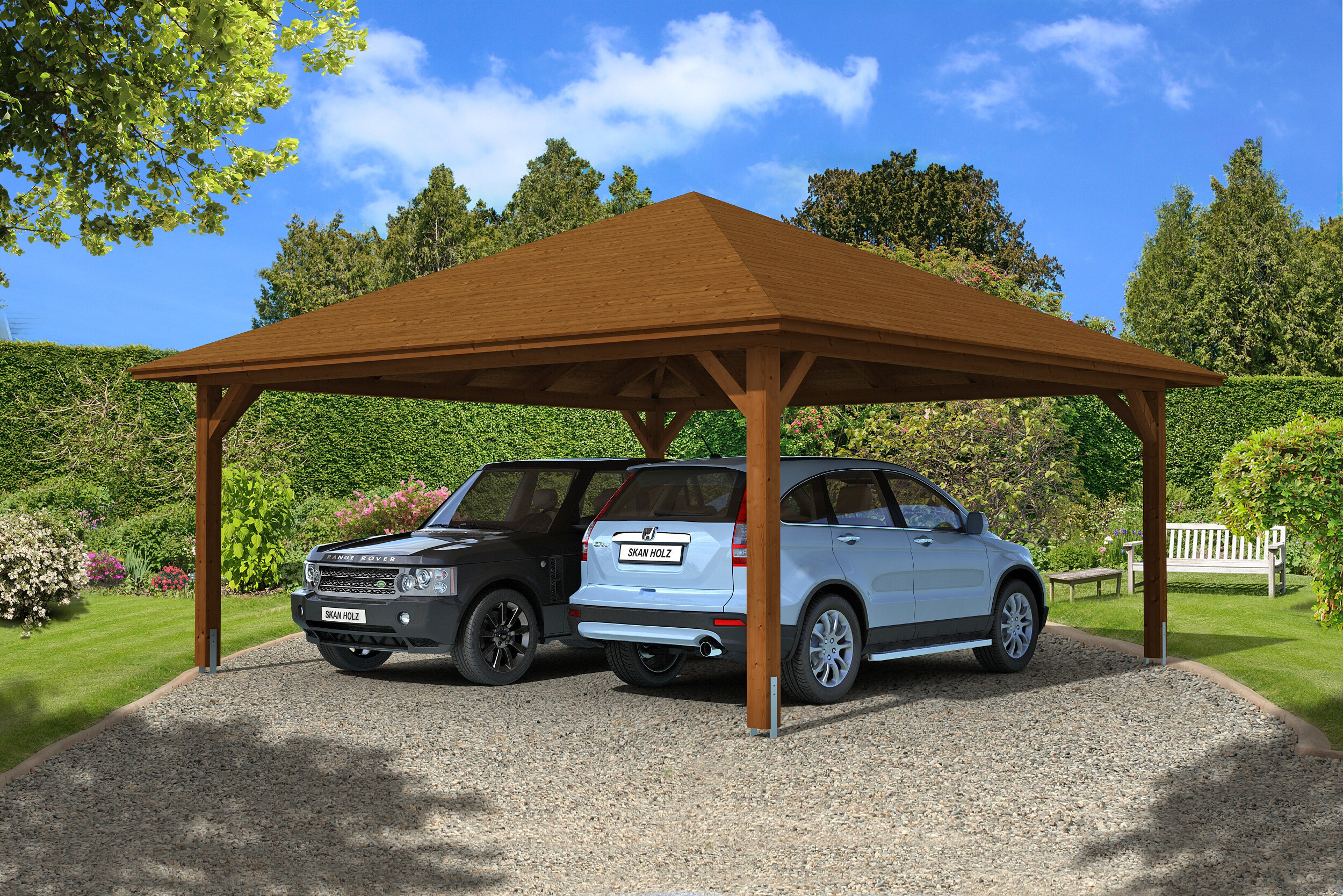 Carport Taunus 634 x 634 cm, colour pre-treated walnut