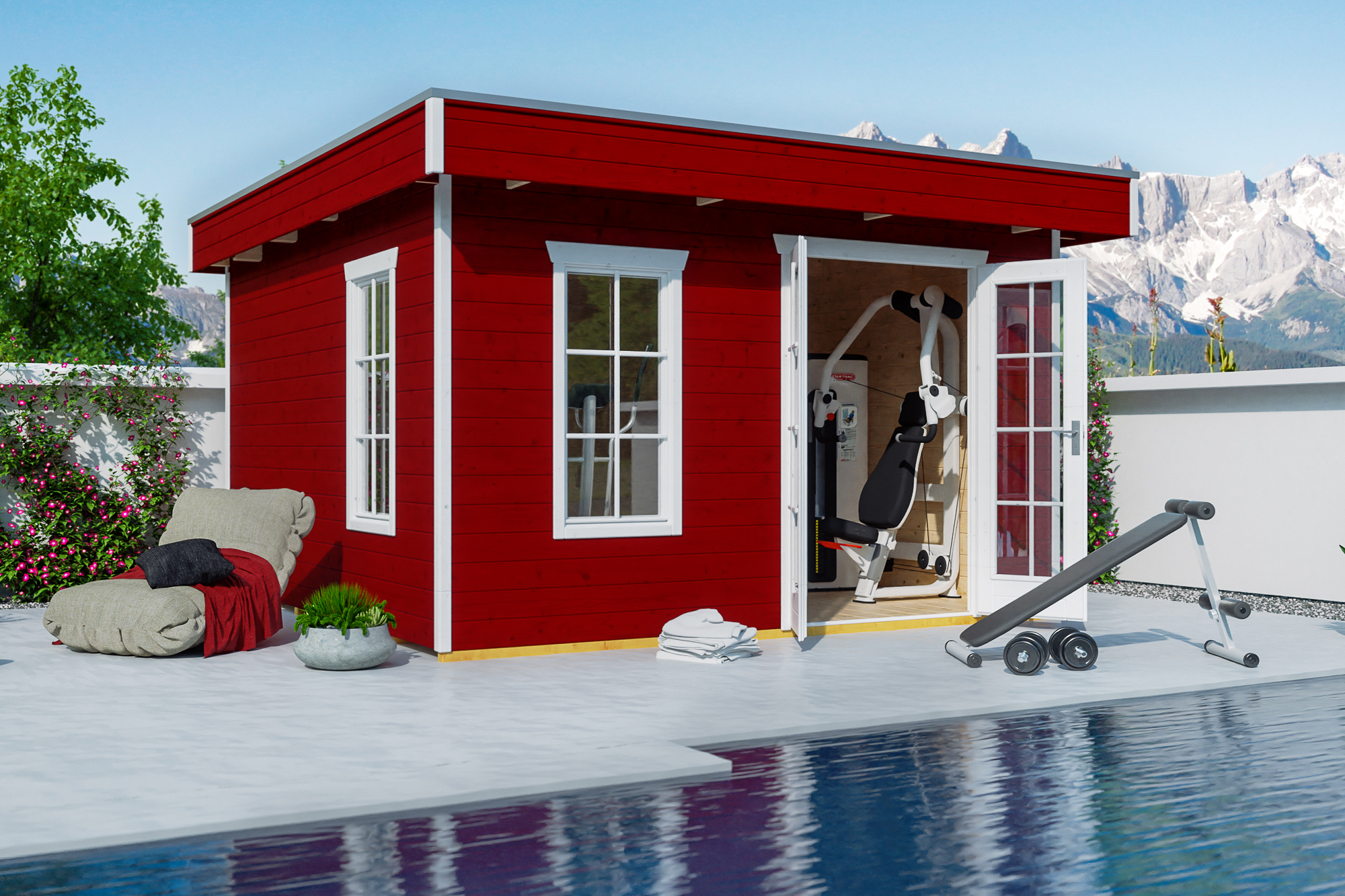 Chalet de jardin BREDA 380x300cm, 28mm, traitement coloré rouge suédois