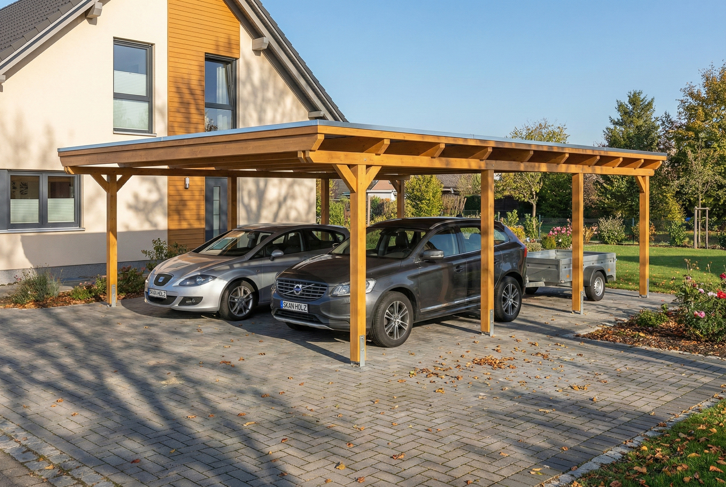 Carport Emsland 609 x 846 cm, stalen dakplaten met antiek condensvlies, licht eiken