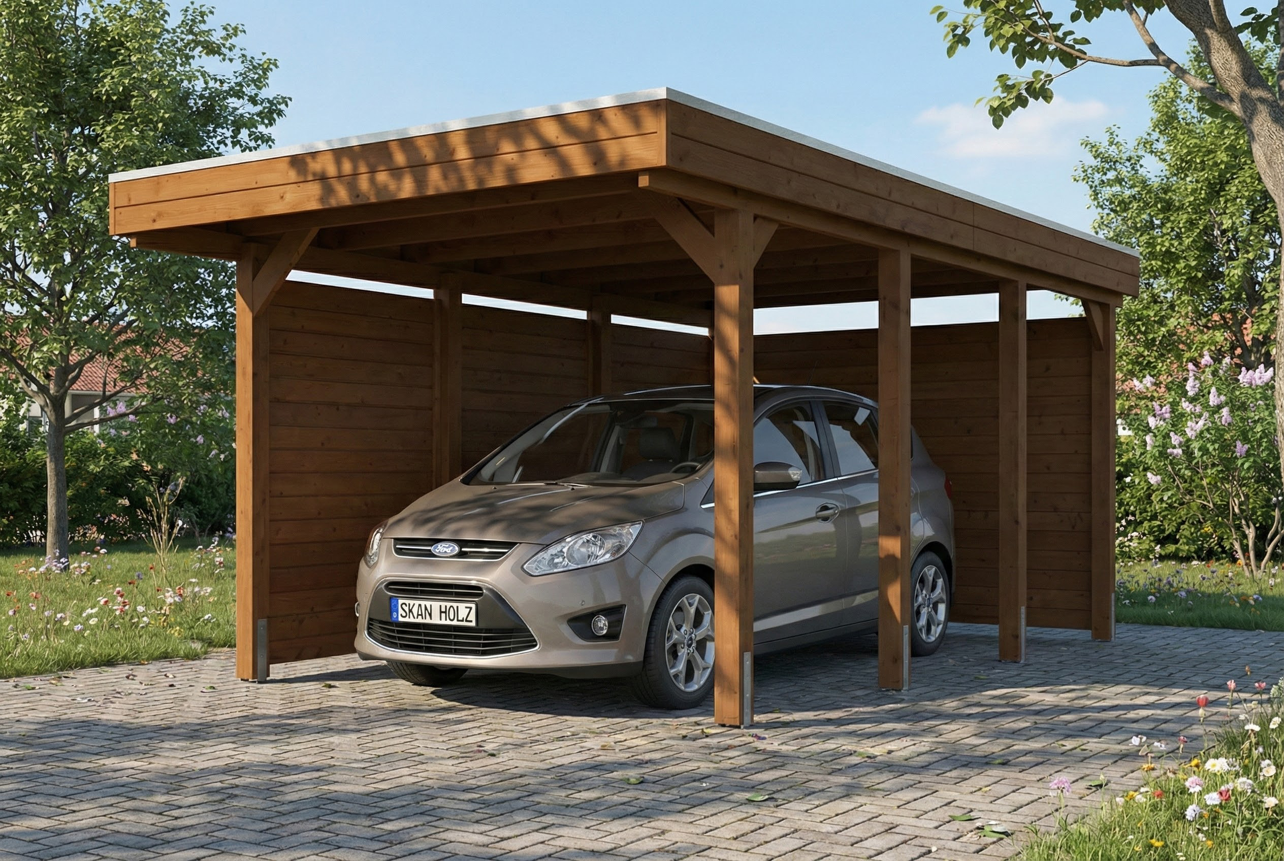 Carport Friesland Set A, 320 x 555 cm, mit Seiten- und Rückwand, nussbaum