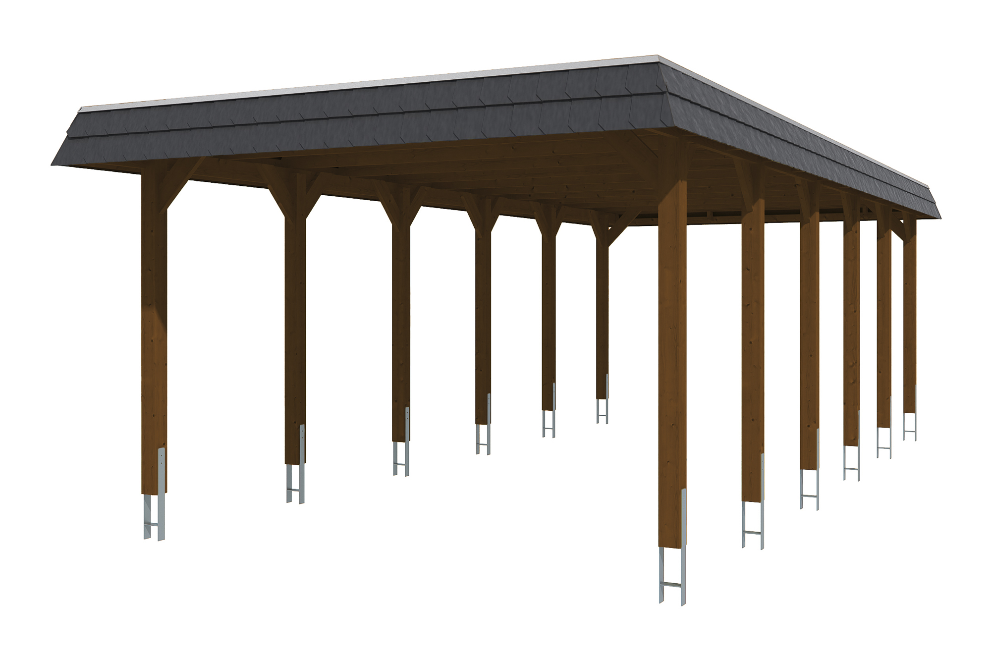 Produktbild: Carport Spreewald 396 x 893 cm mit schwarzer Blende, farblich behandelt in nussbaum