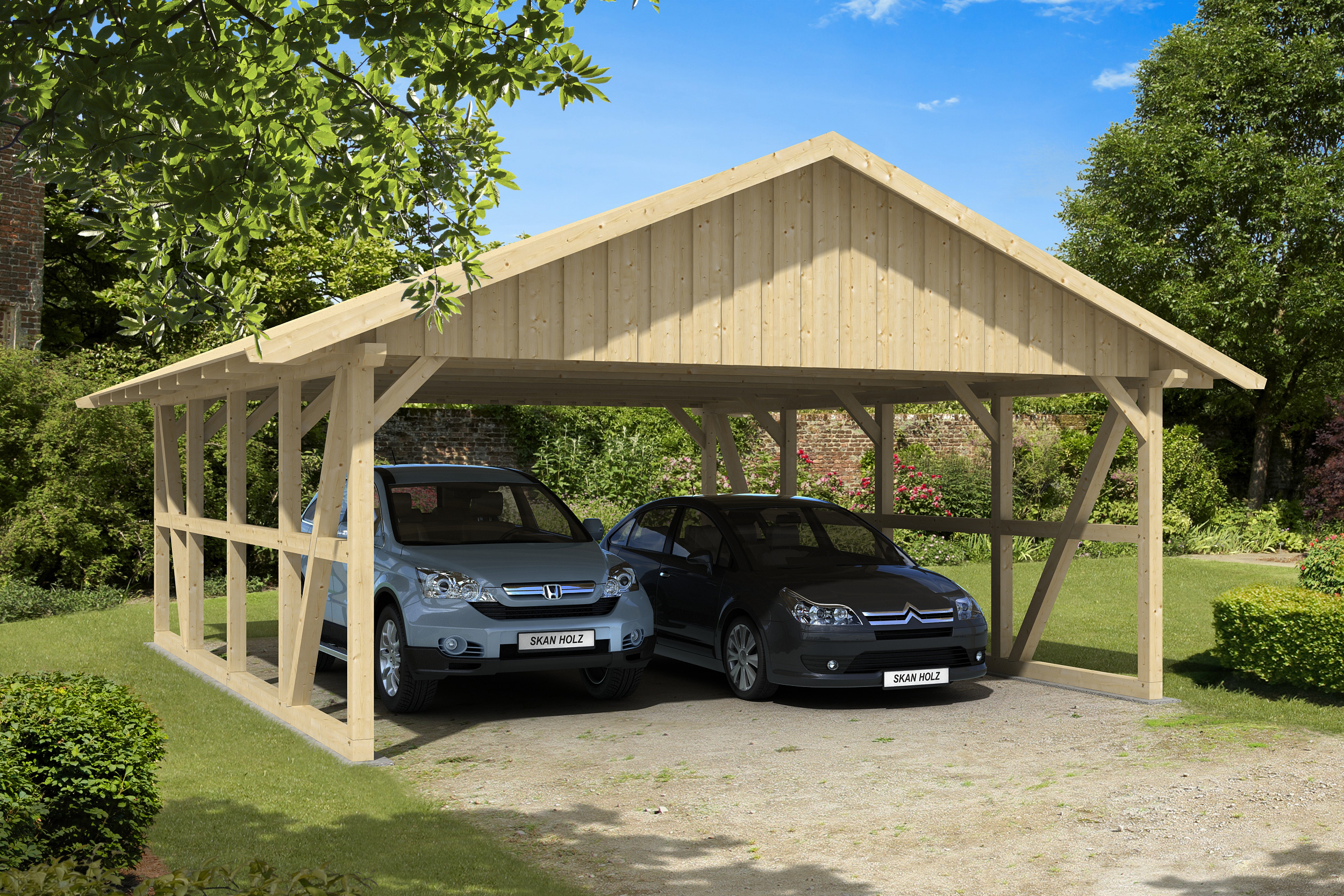 Carport Schwarzwald 684 x 772 cm, natur, mit Dachschalung