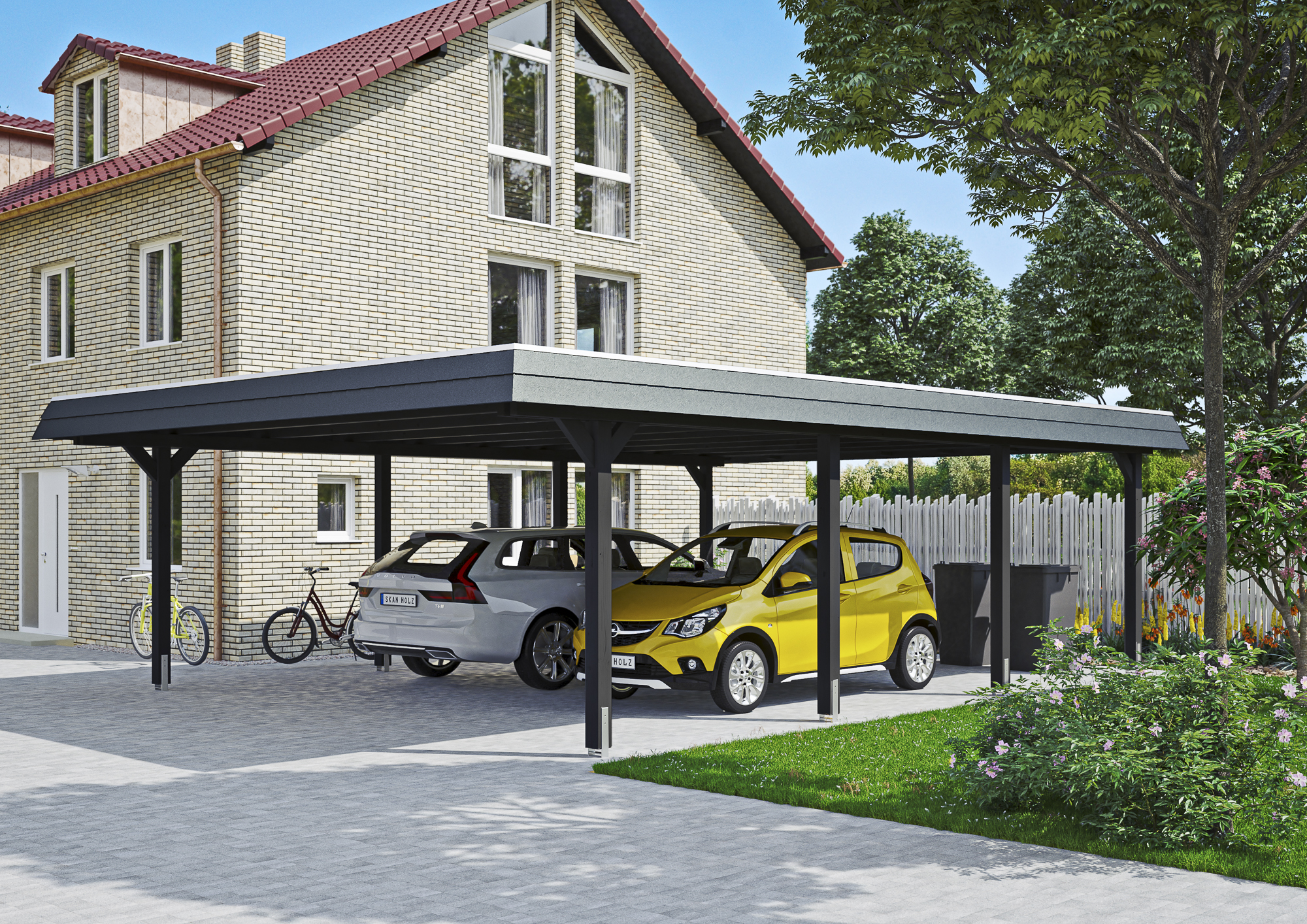 Ambientebild: Carport Wendland 630 x 879 cm, mit schwarzer Blende, farblich behandelt in anthrazit